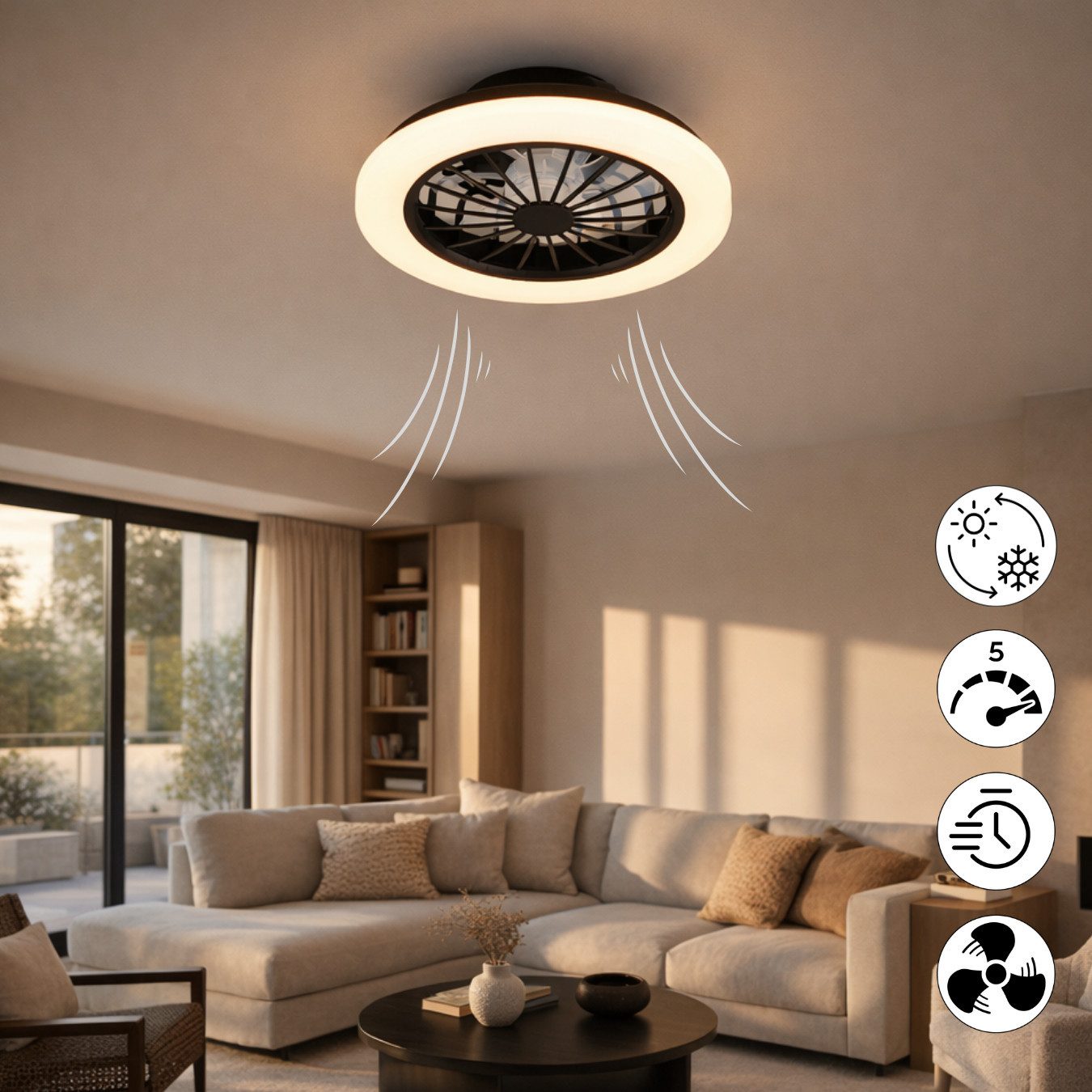 Reality Leuchten LED Deckenleuchte ROTSUND, Deckenventilator mit Licht Ø 38cm, inkl Fernbedienung, CCT - über Fernbedienung, Dimmfunktion, Memoryfunktion, Nachtlichtfunktion, Timerfunktion, Ventilatorfunktion, getrennt schaltbar, mehrere Helligkeitsstufen
