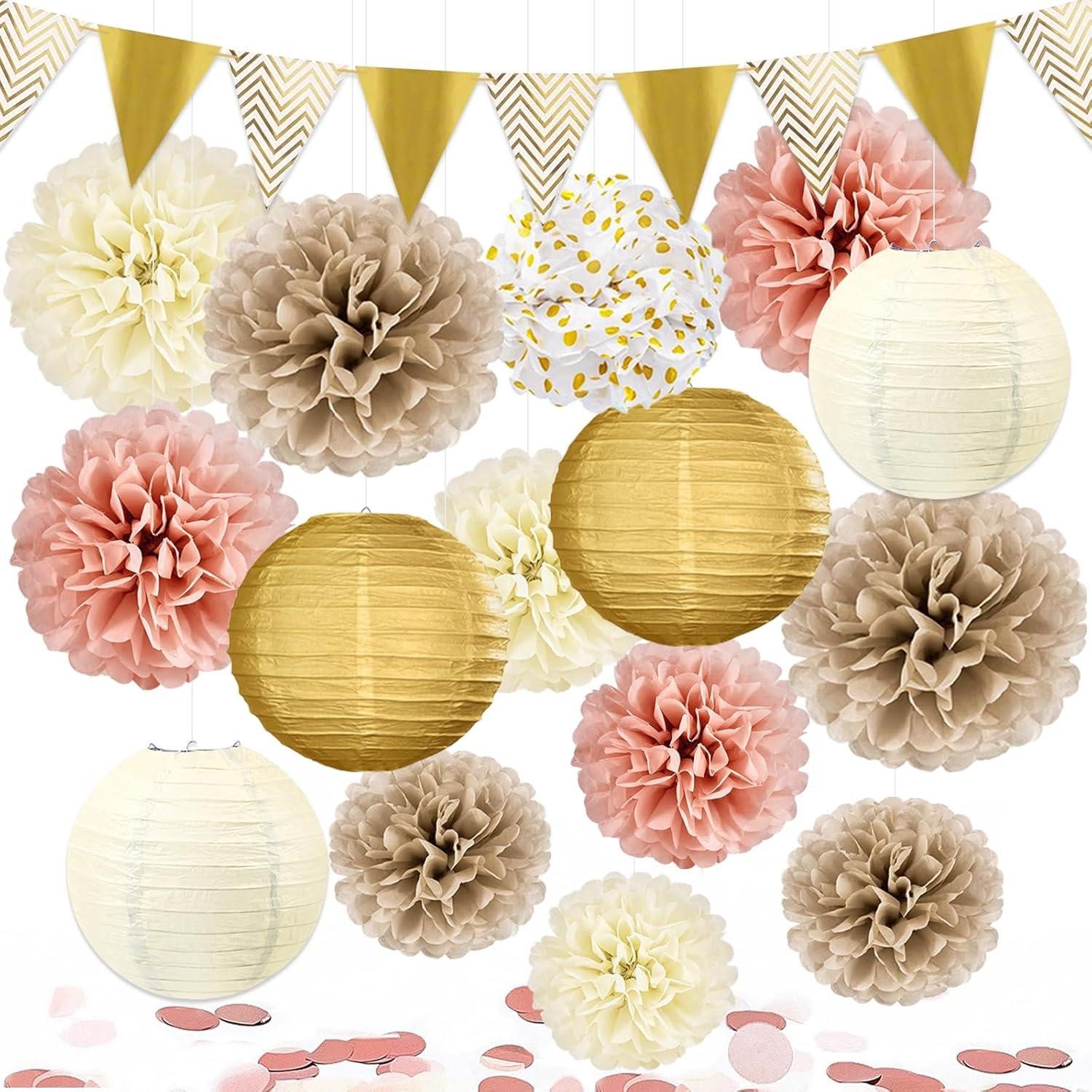 Hängedekoration Vintage-Hochzeitsdekoration beige Papierlampion Pompons Set