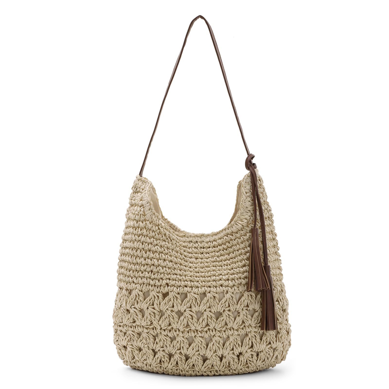 MOPUEA Strandtasche Damen Boho Straw Beach Bag Gehäkelte Strohgeflochten (Set, 1-tlg., Schultertasche Umhängetasche für Partys atmungsaktive Saison), Casual Groß Häkeltasche mit Leder Riemen für Urlaub Stadt Reisen