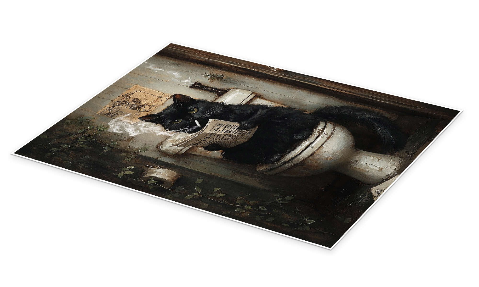 Posterlounge Wandbild Rauchende Katze liest Zeitung auf Toilette, Olga Telnova, erhältlich als Poster, Leinwandbild, Wandsticker oder Acrylglasbild – Bild 2 von 5