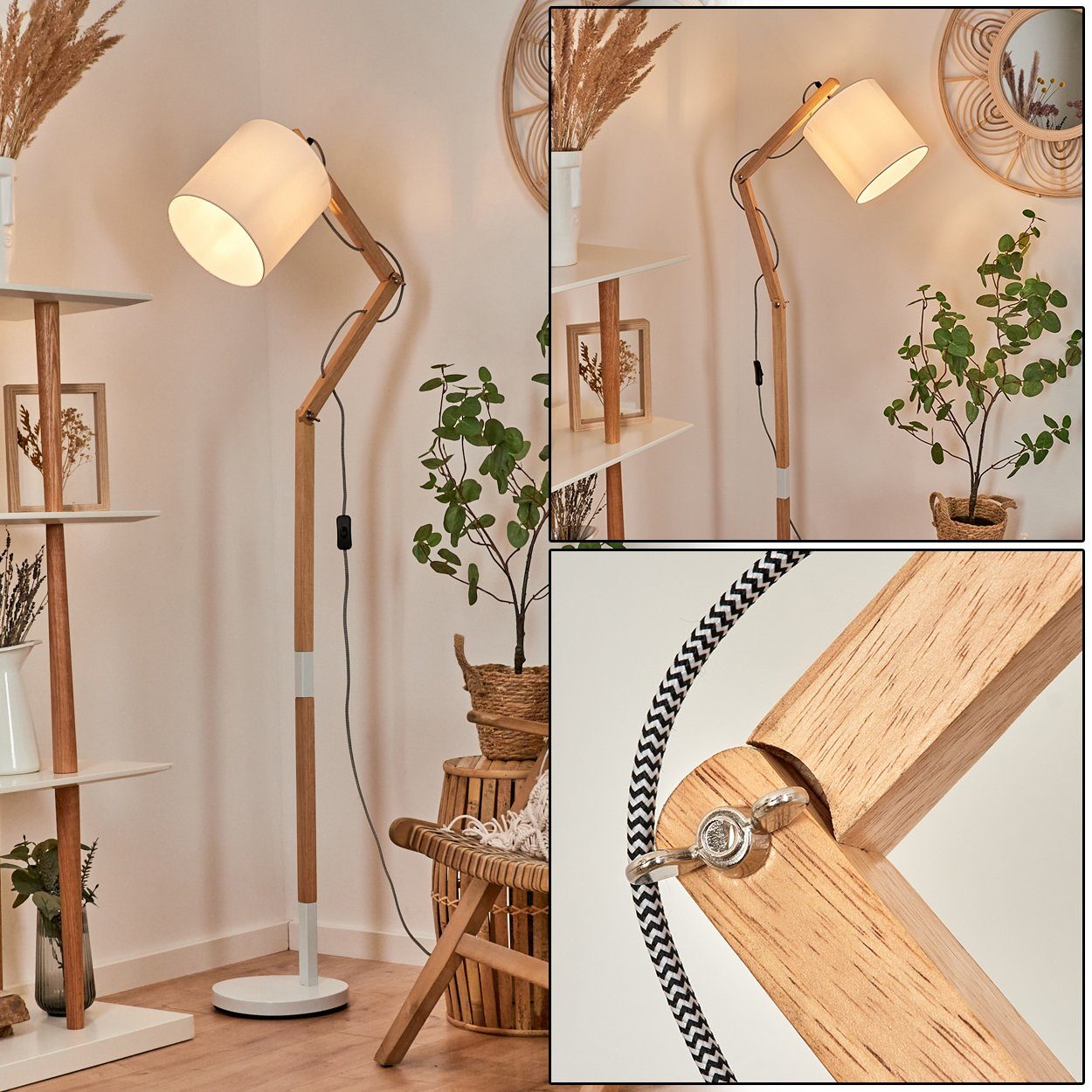 hofstein Stehlampe moderne Stehlampe aus Metall/Stoff/Holz in Weiß/Naturfarben, ohne Leuchtmittel, mit verstellbarem Schirm (21cm) und Fußschalter, 1x E27