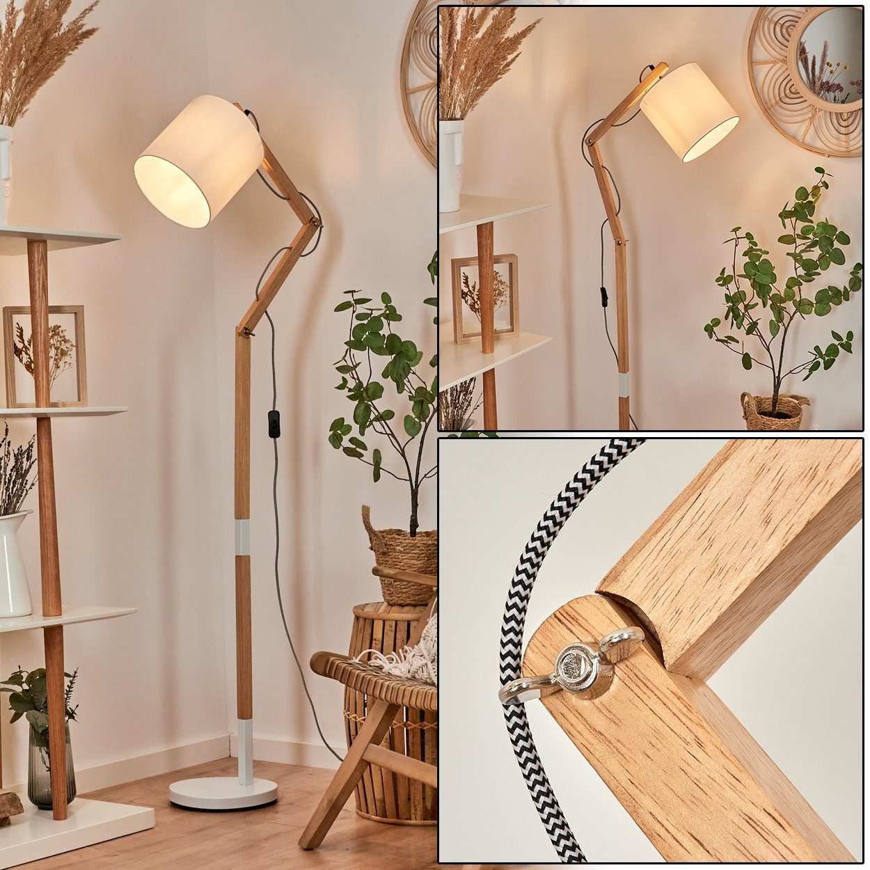 hofstein Stehlampe moderne Stehlampe aus Metall/Stoff/Holz in Weiß/Naturfar günstig online kaufen