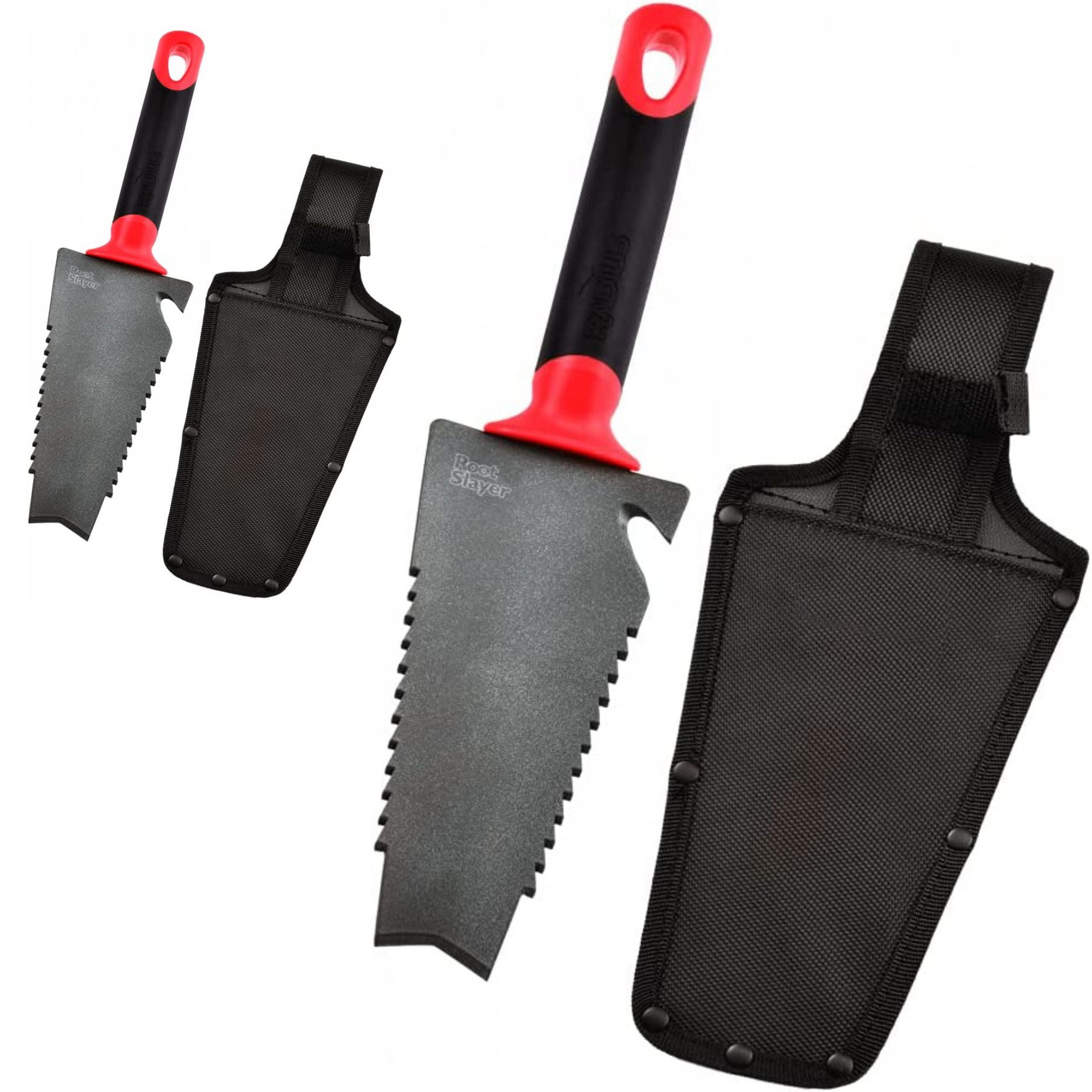 Root Slayer® Blumenkelle Radius Handschaufel, (Spar-Set, 2 St., V Klinge mit Zähnen zum Schneiden der Wurzeln), Pflanzkelle, Gartenschaufel multifunktional aus Kohlenstoffstahl