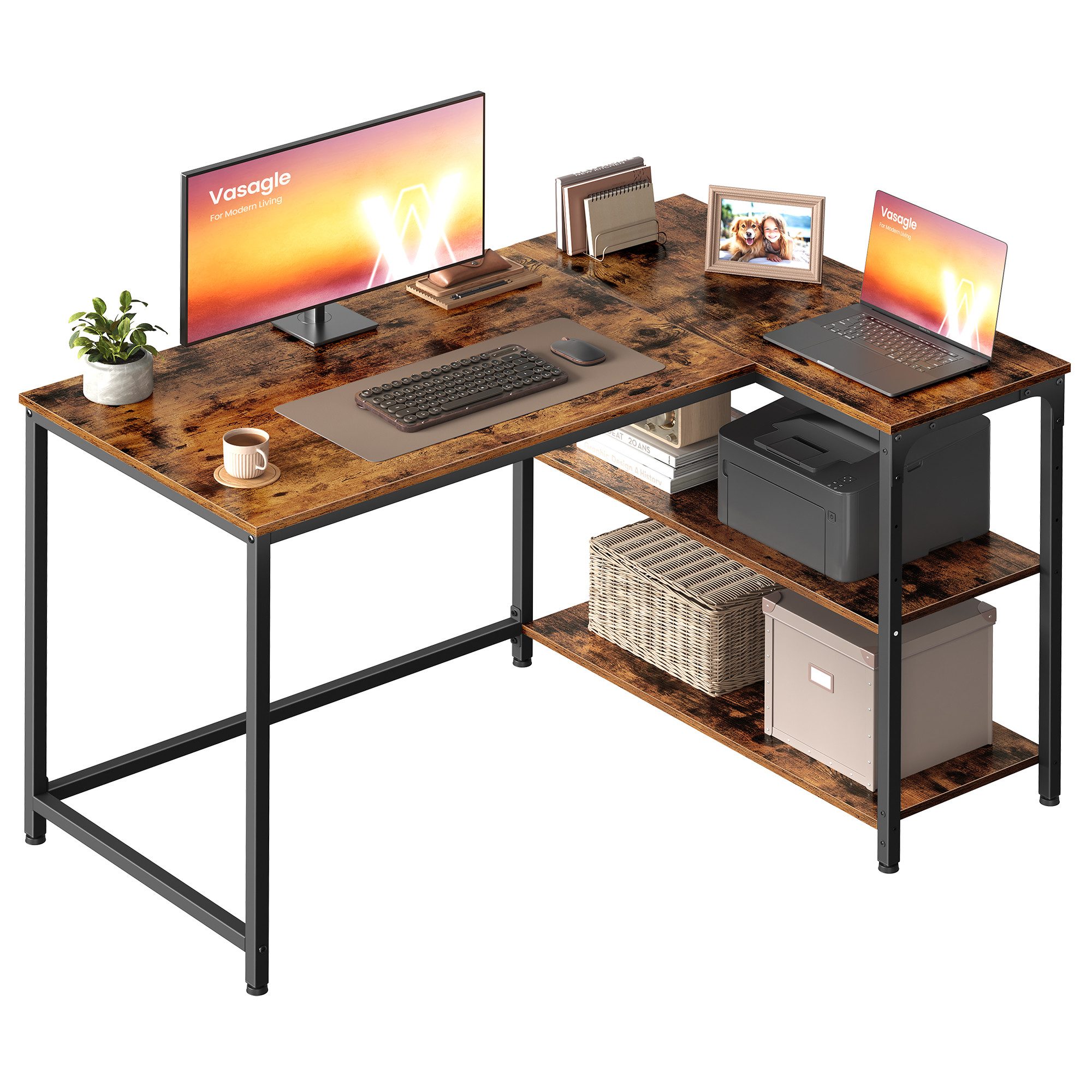 VASAGLE Schreibtisch Eckschreibtisch in L-Form, Computertisch mit Stauraum, Bürotisch, höhenverstellbare Ablage, für Homeoffice, 110/120 cm