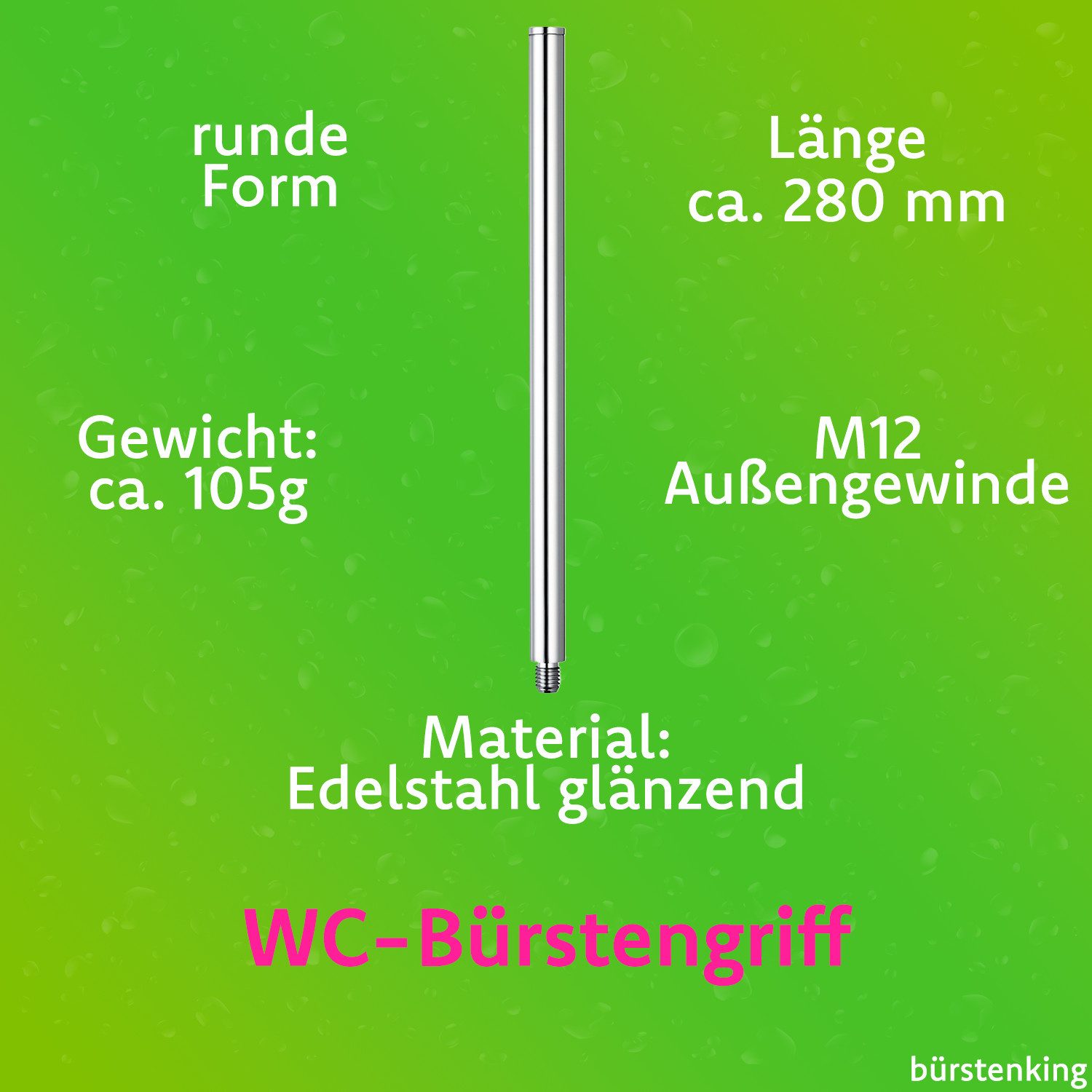 Bürstenking WC-Reinigungsbürste WC Bürstengriff – Edelstahl, M12-Gewinde, Ersatz für WC-Garnituren, M12 Gewinde, 280mm