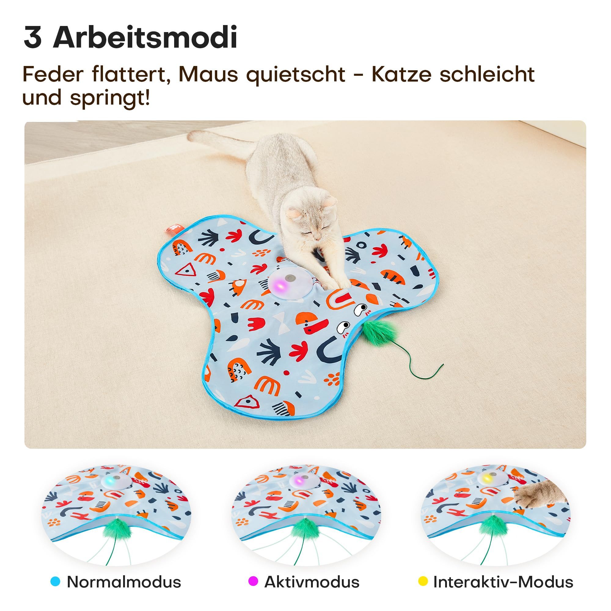 AIBISTAR Tier-Intelligenzspielzeug Interaktives Katzen-Spielzeug, Feder, Mausgeräusche, USB-C, Elektrisches Katzenspielzeug,Ideal für Kätzchen & erwachsene Katzen