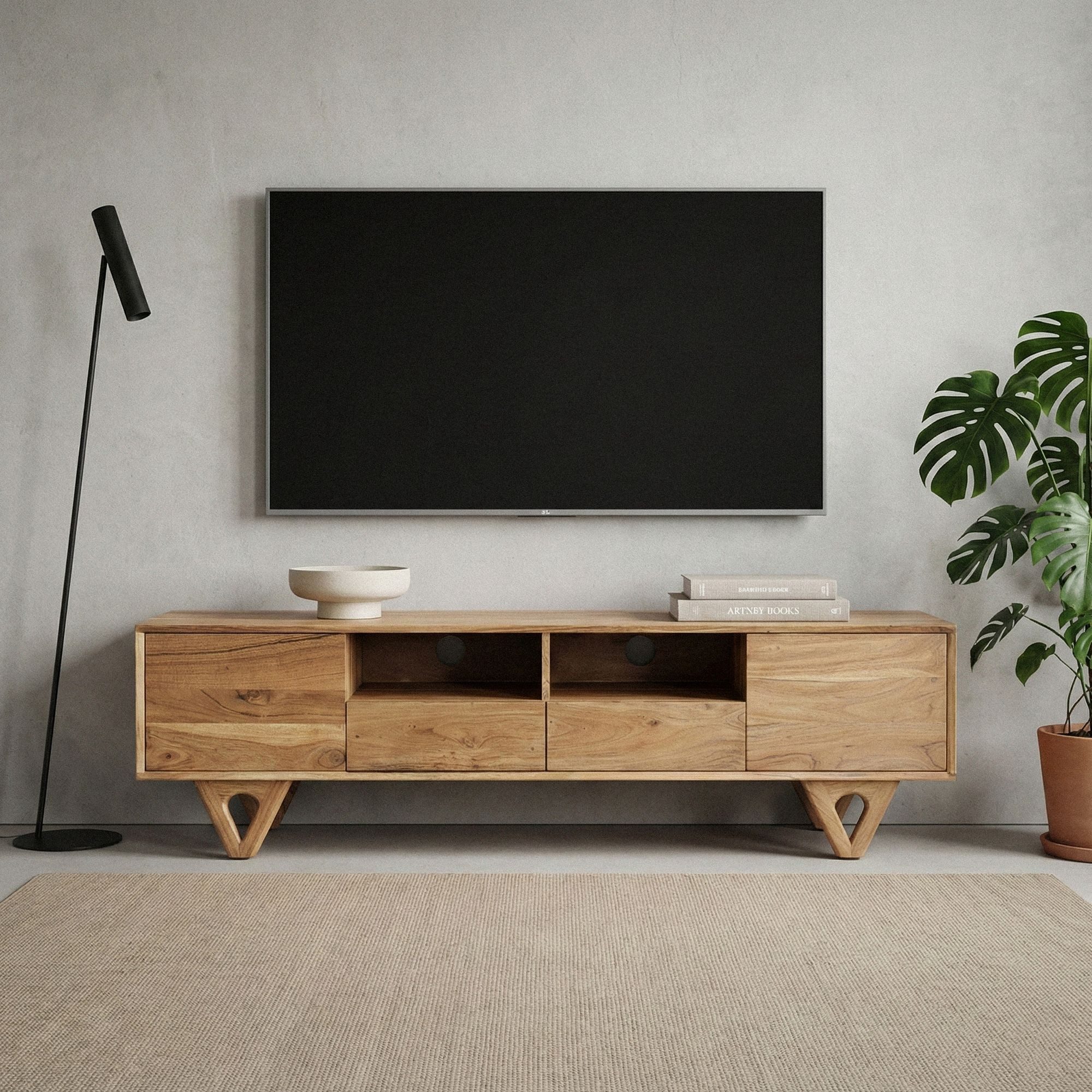 Wohnling Lowboard WL7.593 TV Board Massivholz 160cm Fernsehunterschrank Fernsehkommode (Natürliche Holzstruktur mit warmer Ausstrahlung), Clevere Aufteilung für Technik und Zubehör