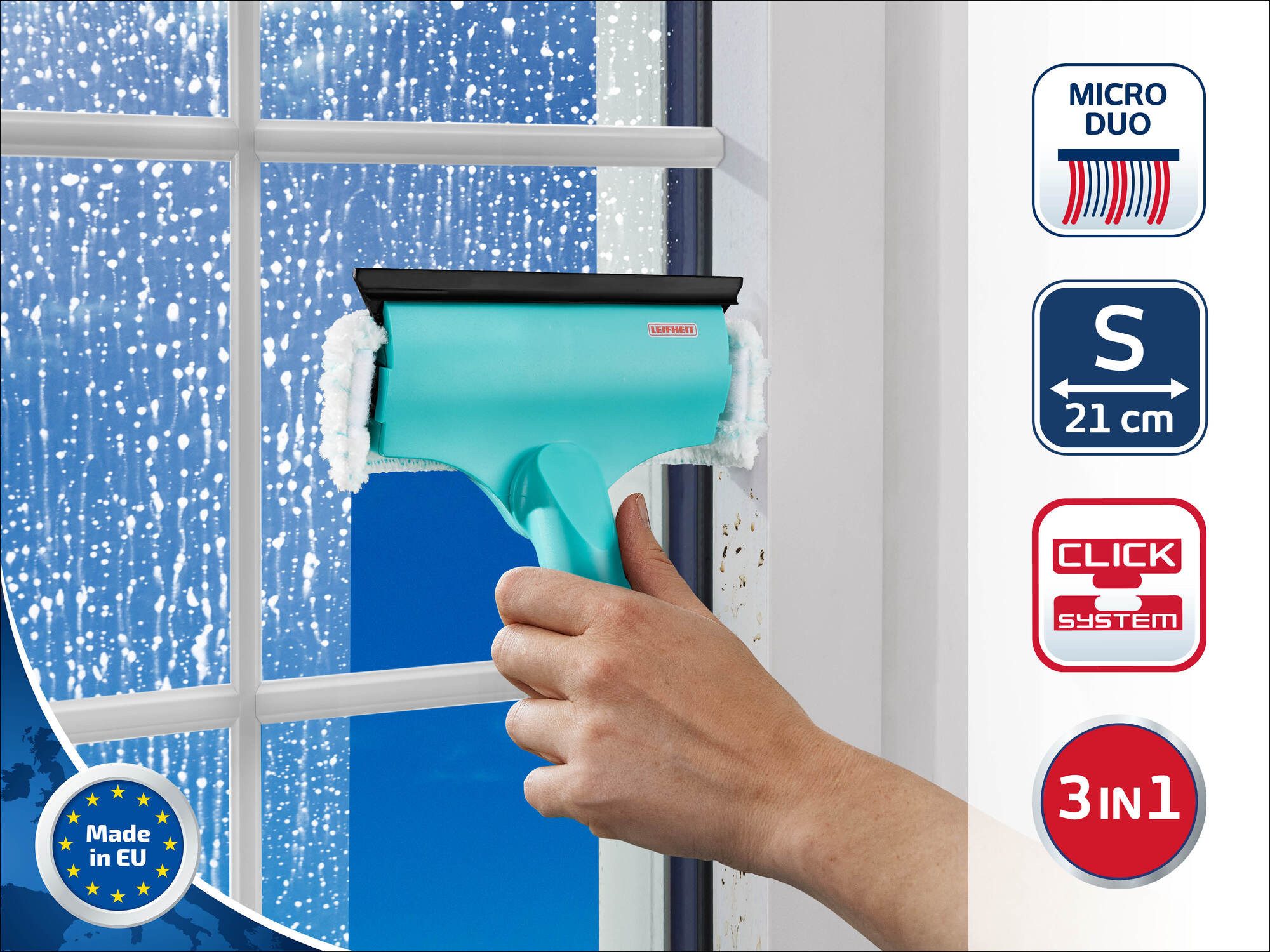 Leifheit Fensterreiniger Fensterwischer Window & Frame Cleaner S micro duo, (2-St) Drei Arbeitsschritte in einem, Reinigungsbreite 21 cm, kleine Fenster