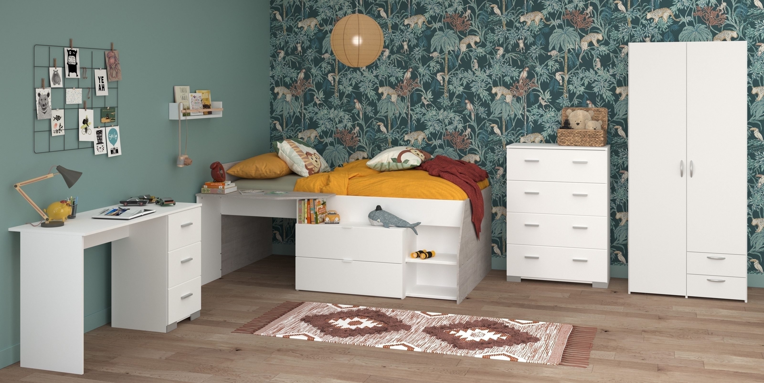 Parisot Jugendzimmer-Set Parisot Milky 11, 4-teilig, Bett, Kleiderschrank, Kommode, Schreibtisch, in Weiss / Grey