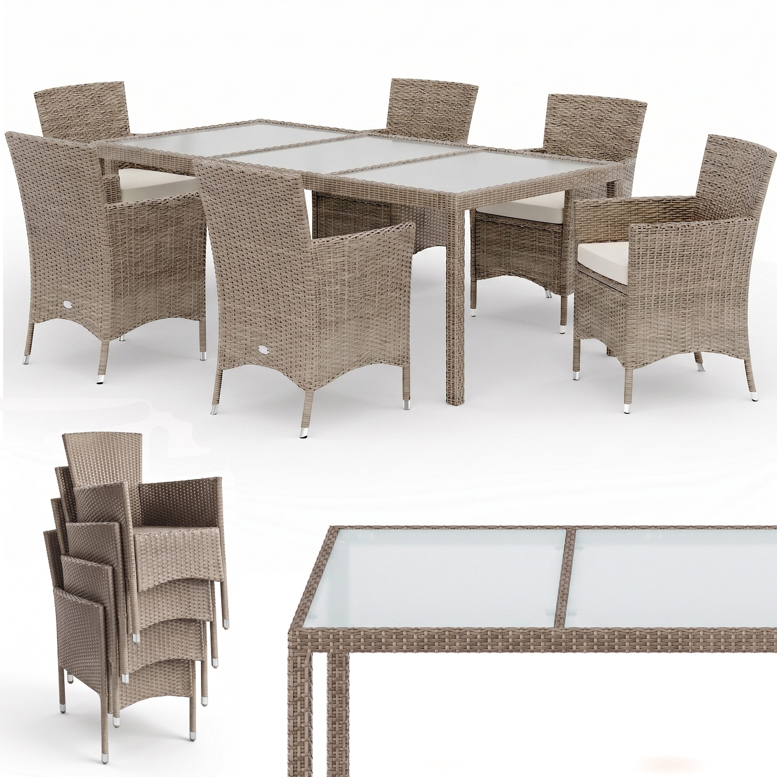 Casaria Garten-Essgruppe, Stühle stapelbar mit 7cm Auflagen 190x90cm Gartentisch Terrasse Möbel