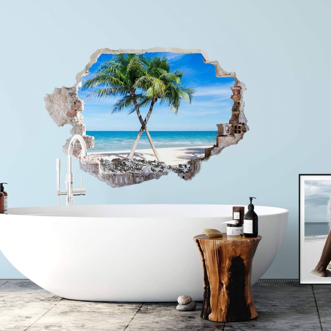 K&L Wall Art Wandtattoo 3D Wandtattoo Aufkleber Badezimmer Palmen Strand Atlantischer Ozean, Mauerdurchbruch Wandbild selbstklebend