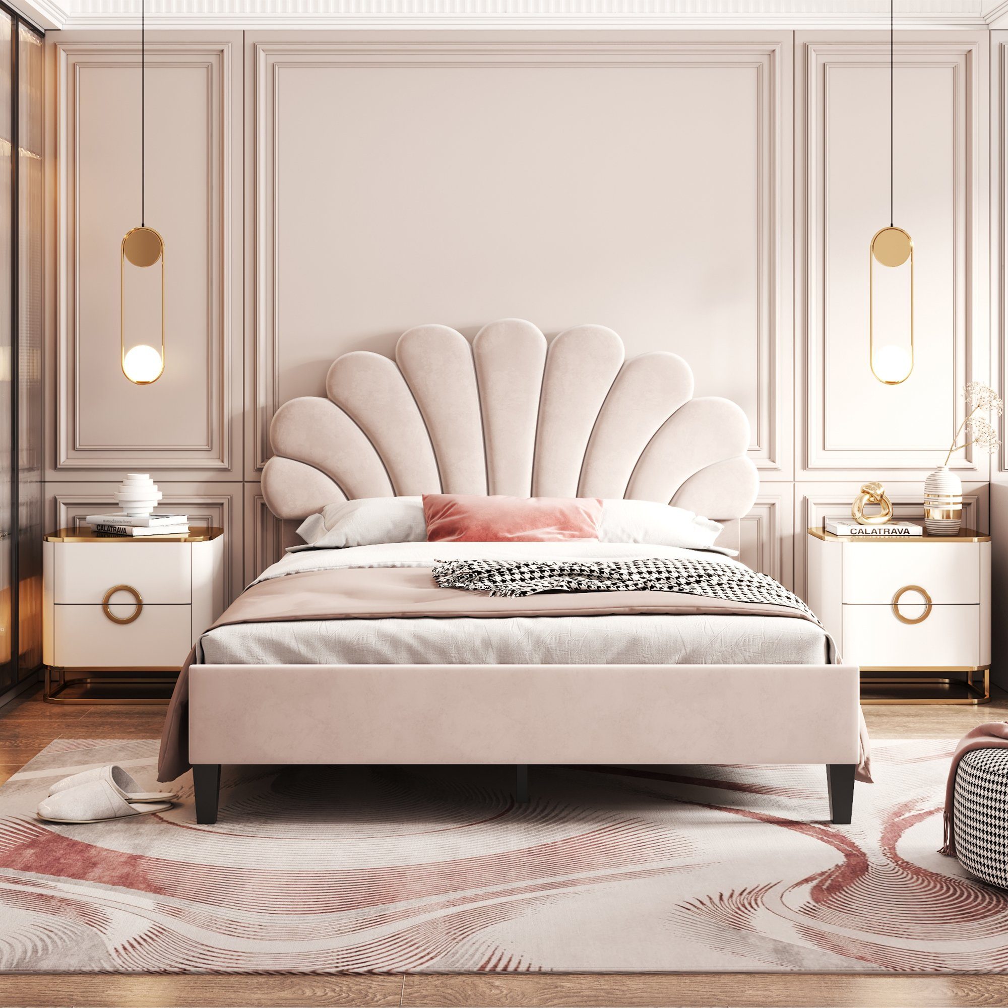 Polsterbett Kopfteil Doppelbett mit Matratze 140 200 x blumenförmigem Bett OKWISH beige Lattenrost), Gästebett, cm (Samtstoff, und Ohne