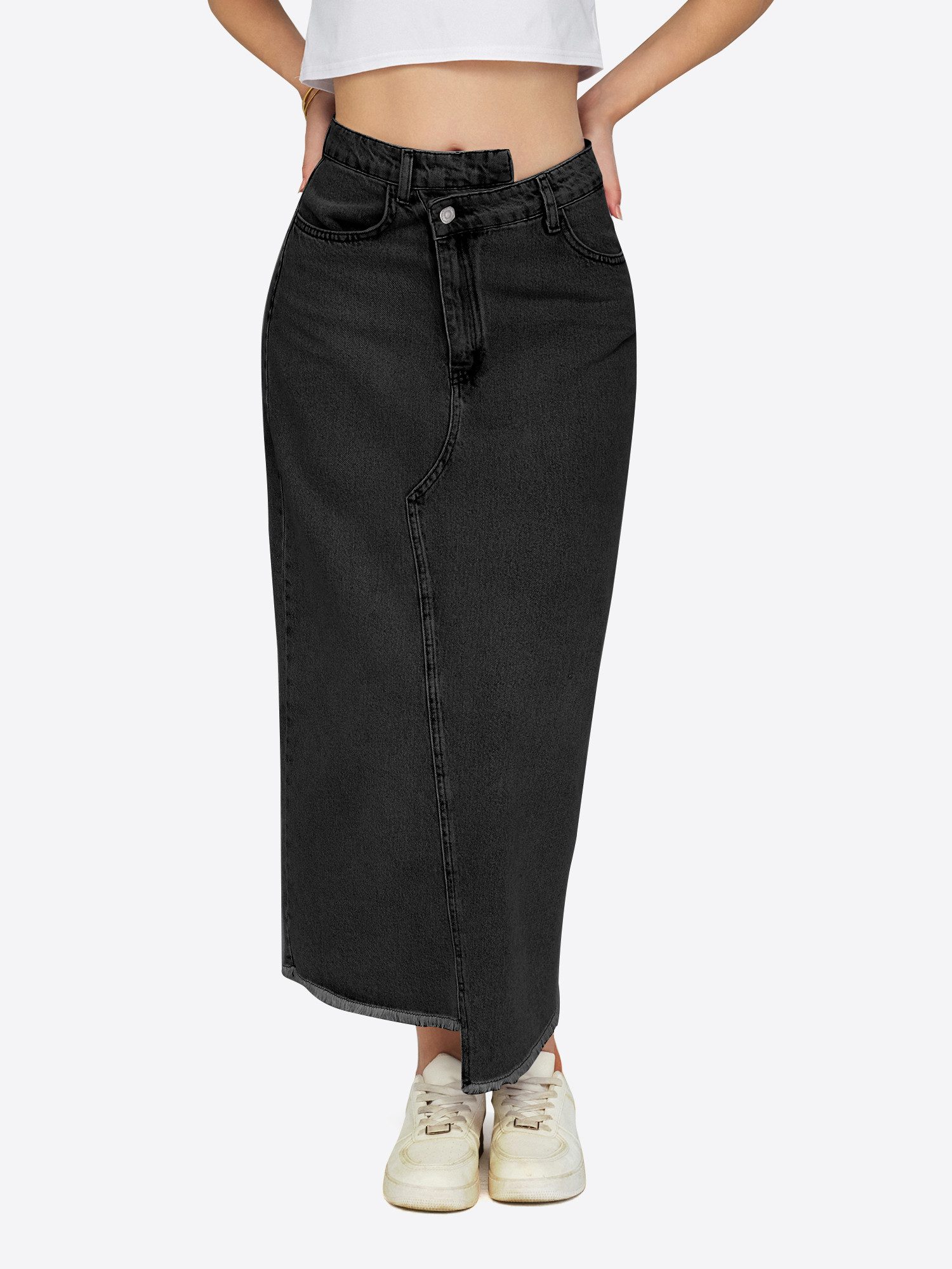 Imily Bela Jeansrock Damen Jeans-Midirock mit asymmetrischer Taille und Fransensaum (Packung, 1-tlg., 1per-Pack) 4-Pocket-Style
