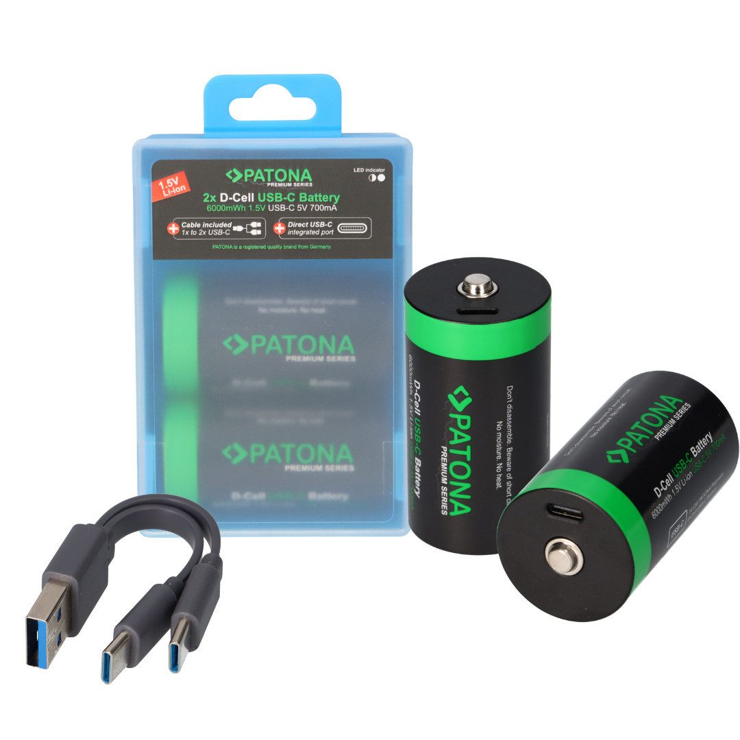 Patona 2x LR20 Mono D Premium Akkus 6,0Wh mit USB-C und Ladekabel Akku