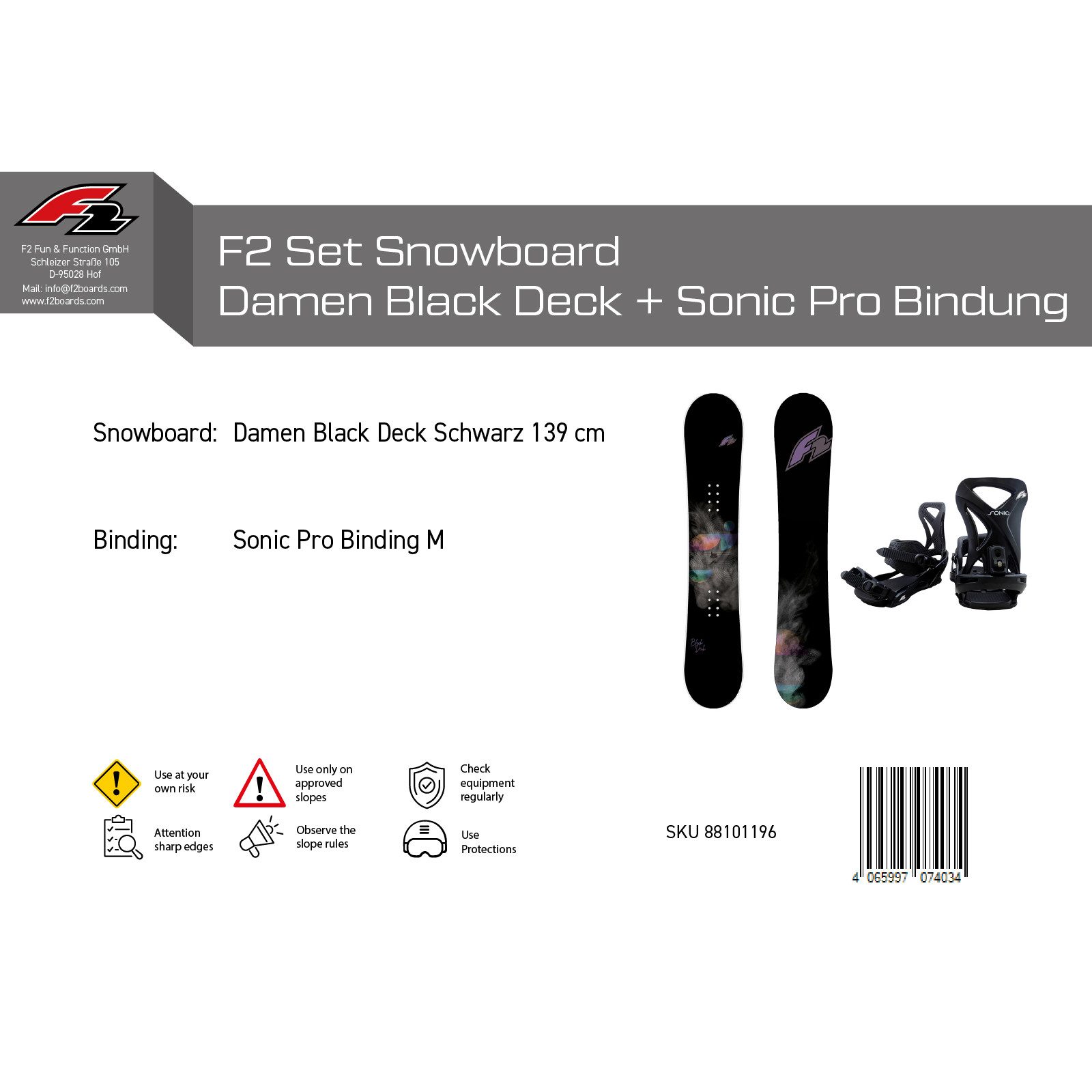 F2 Snowboard F2 Set Damen Snowboard Blackdeck Schwarz 139cm + Sonic Pro Bindung M