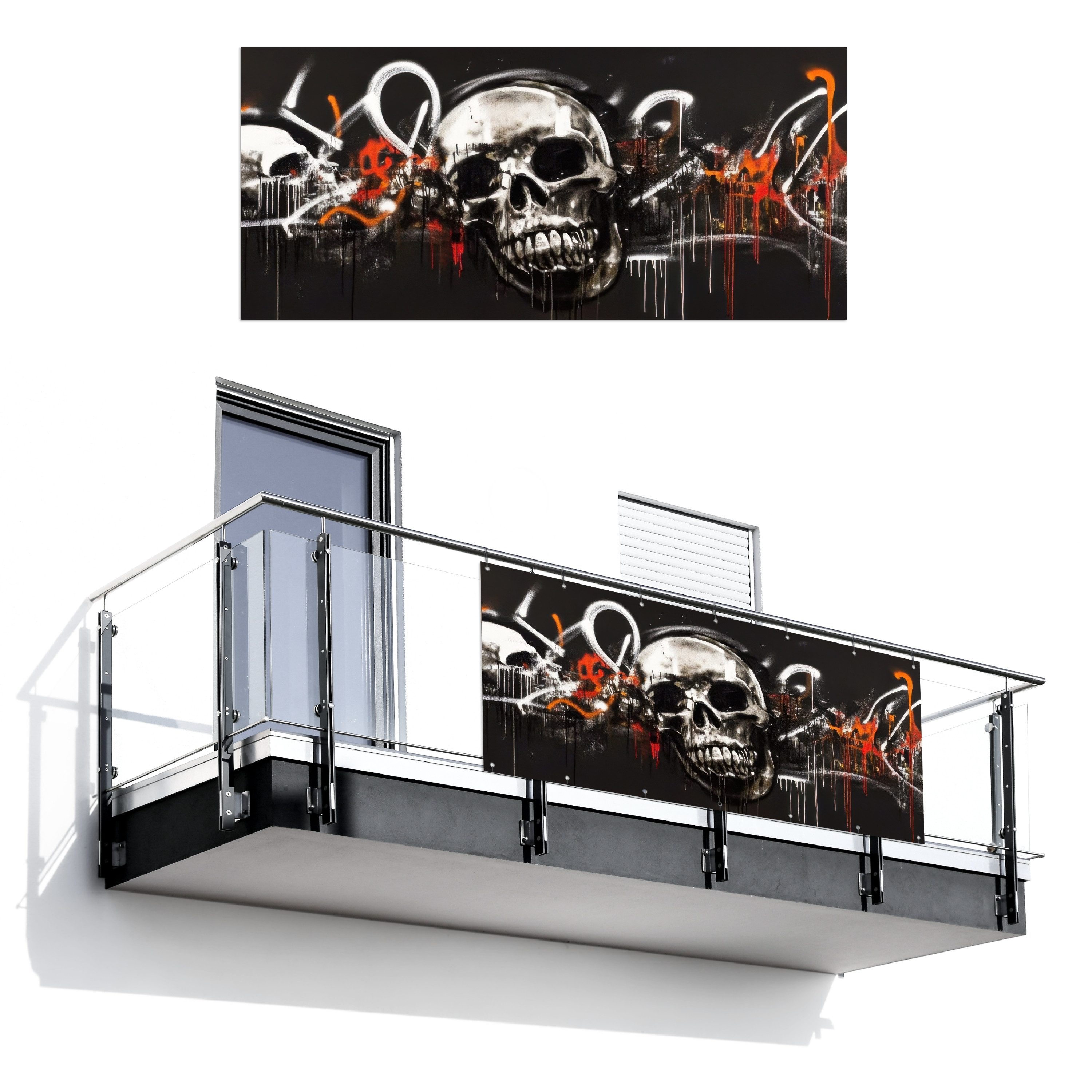 MuchoWow Balkonsichtschutz Totenköpfe - Kunst - Dunkel - Rot (1-St) Balkon Sichtschutz 90x200, Windschutz für Zaun PVC, 200x90 cm