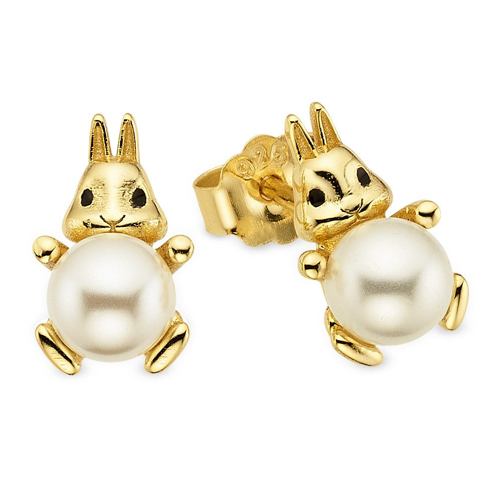 Firetti Paar Ohrstecker Häschen Silber gelbgoldfarben vergoldet, mit Muschelkernperle (synth)