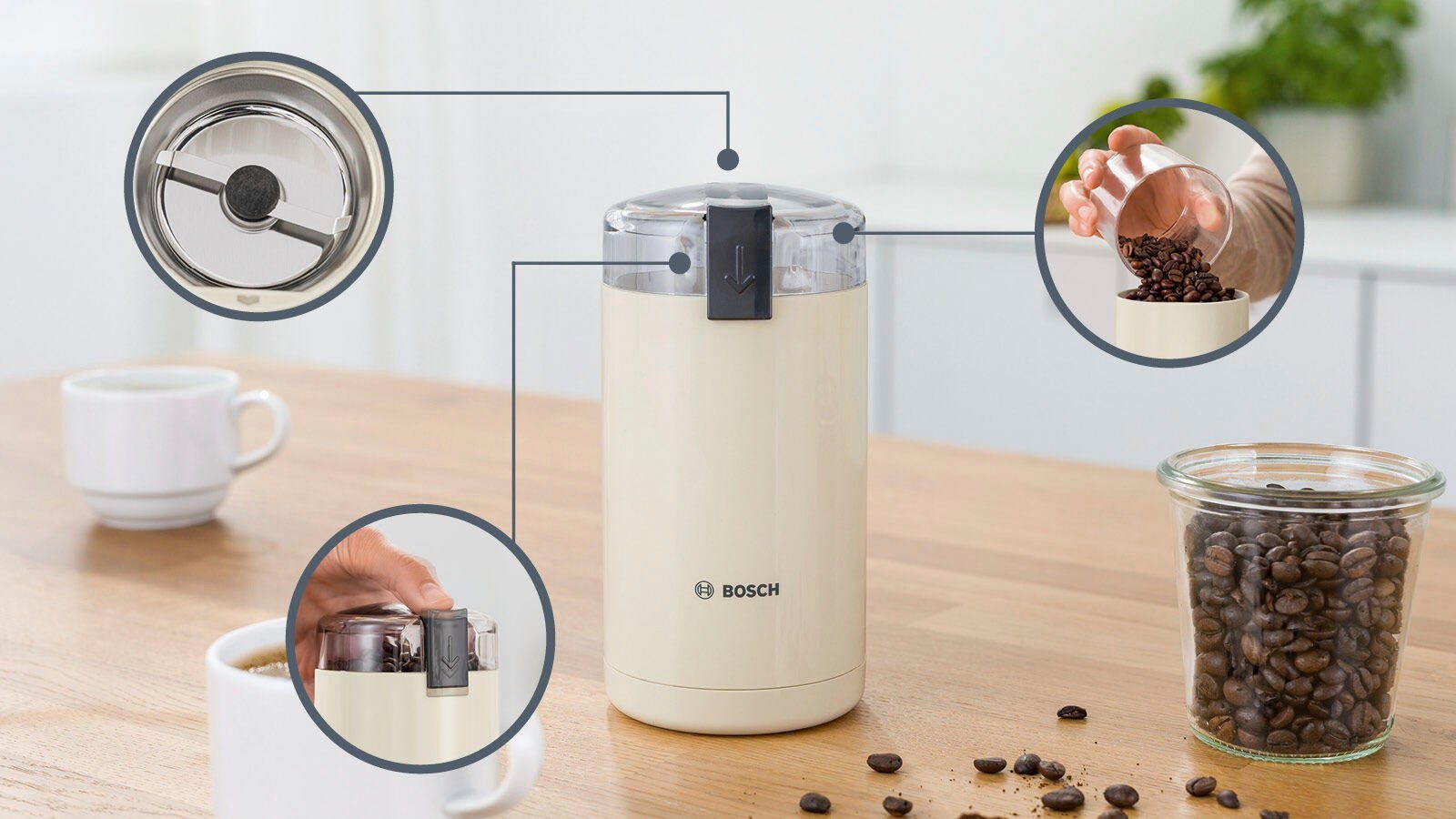 BOSCH Kaffeemühle TSM6A011C, Edelstahl-Schlagmesser, Sicherheitsfunktion, 180 W, Schlagmesser, 75 g Bohnenbehälter, 180 W, 75g Bohnenbehälter, elektrisch, creme