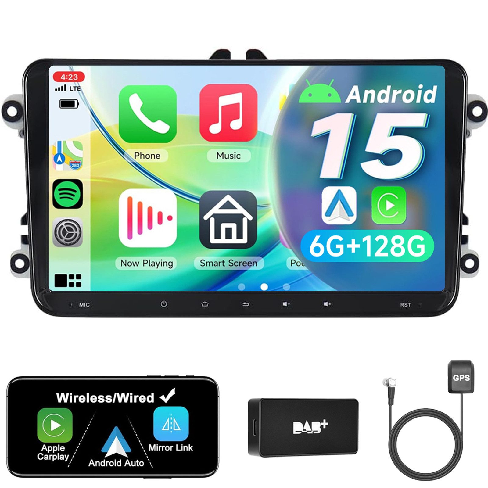 A-Sure 9" 6+128G Android 15 Carplay Für VW GOLF 5 6 Tiguan Touran Polo Caddy Autoradio (RDS, DSP, Digitalradio (DAB), FM, AM, 1080P IPS Screen/8-Core CPU/6+128GB/4G Lte)