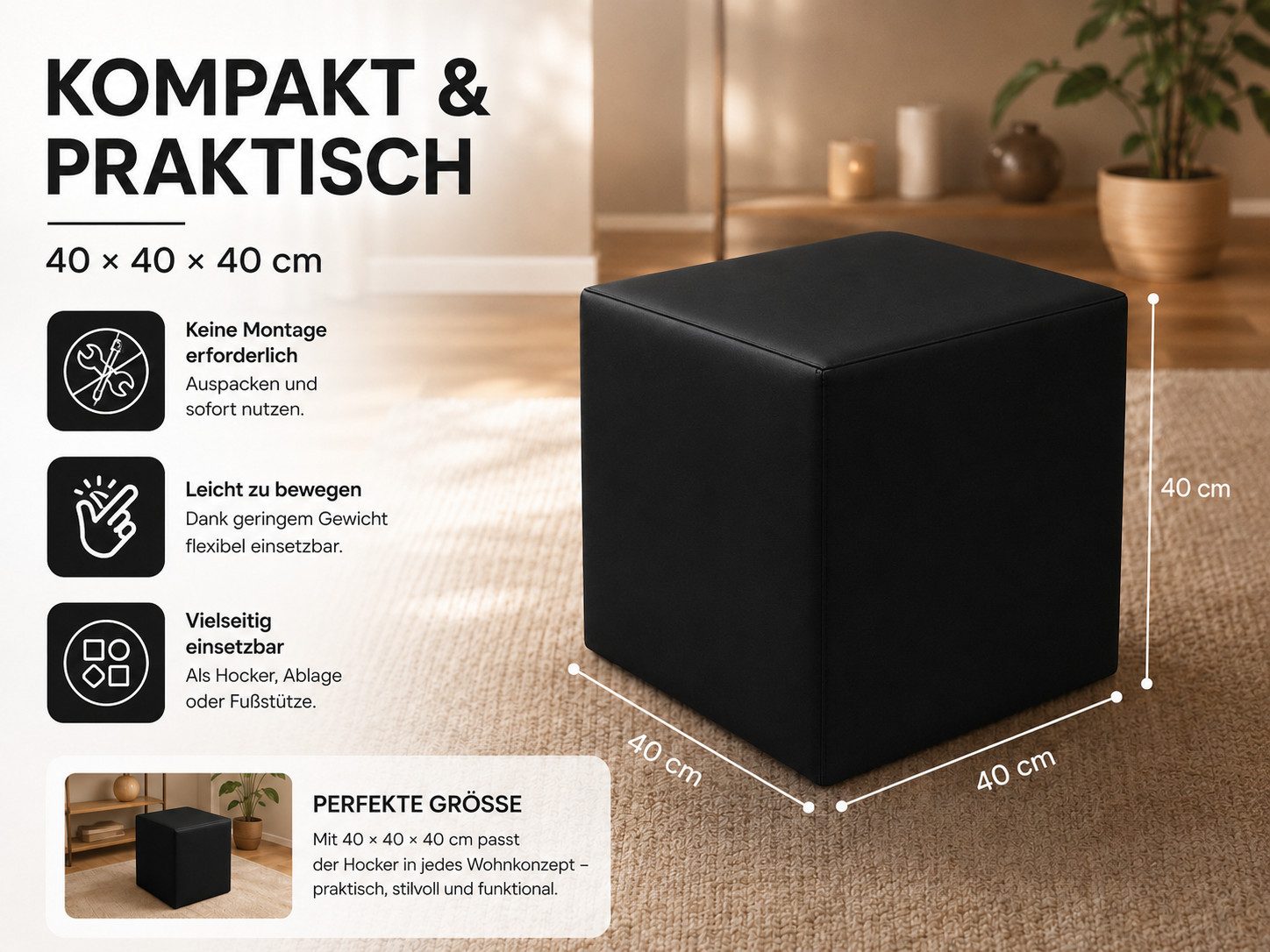 Best for Home Sitzhocker Sitzwürfel 40x40x40 cm – Multifunktionaler Sitzhocker & Fußhocker (Einzelstück, 1 St., verschiedene Farben), Handwerksqualität, pflegel – Bild 5 von 5