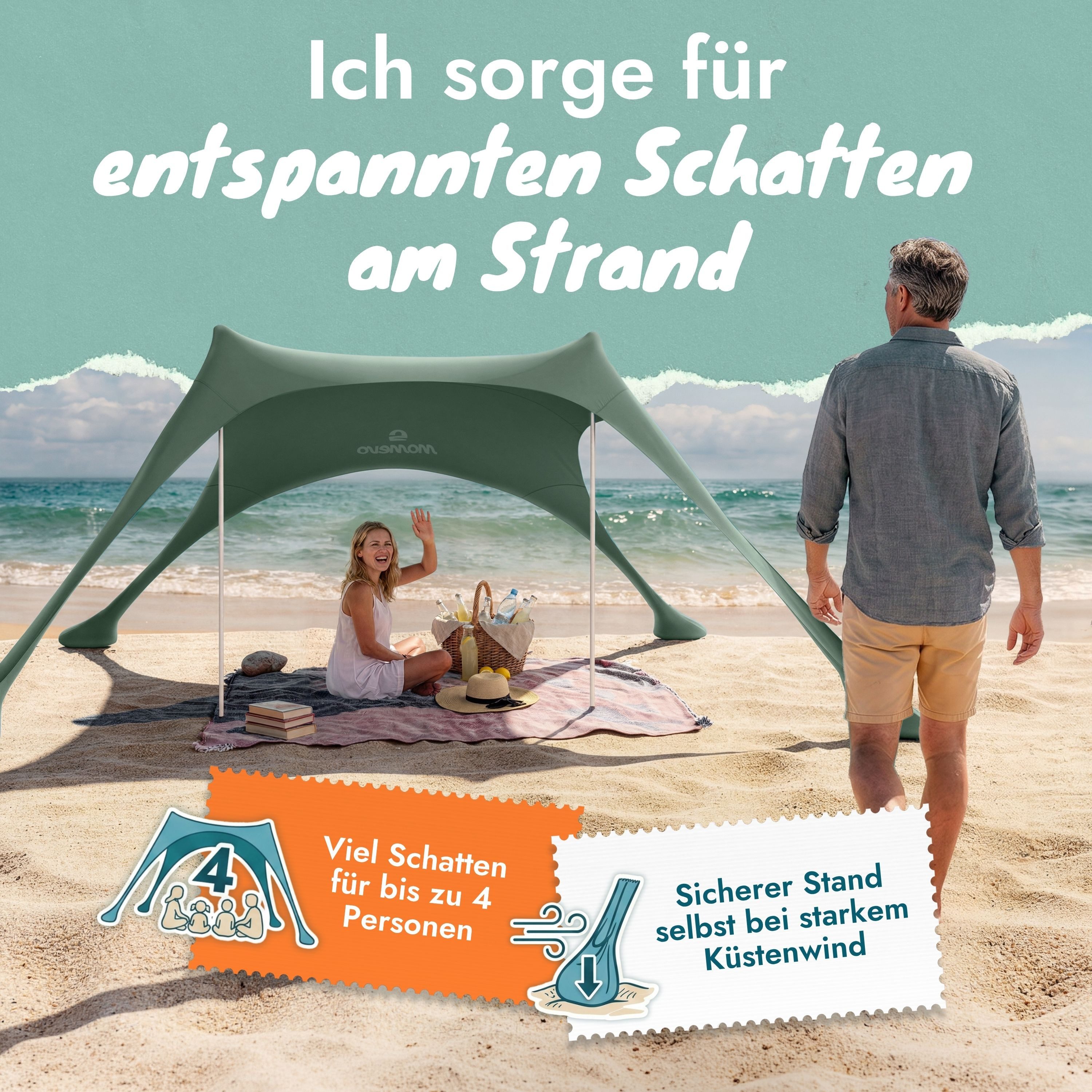 Momevo Strandmuschel Strandzelt mit UV Schutz 50+, zertifiziert für Kinder, Baby, Familien, Personen: 4