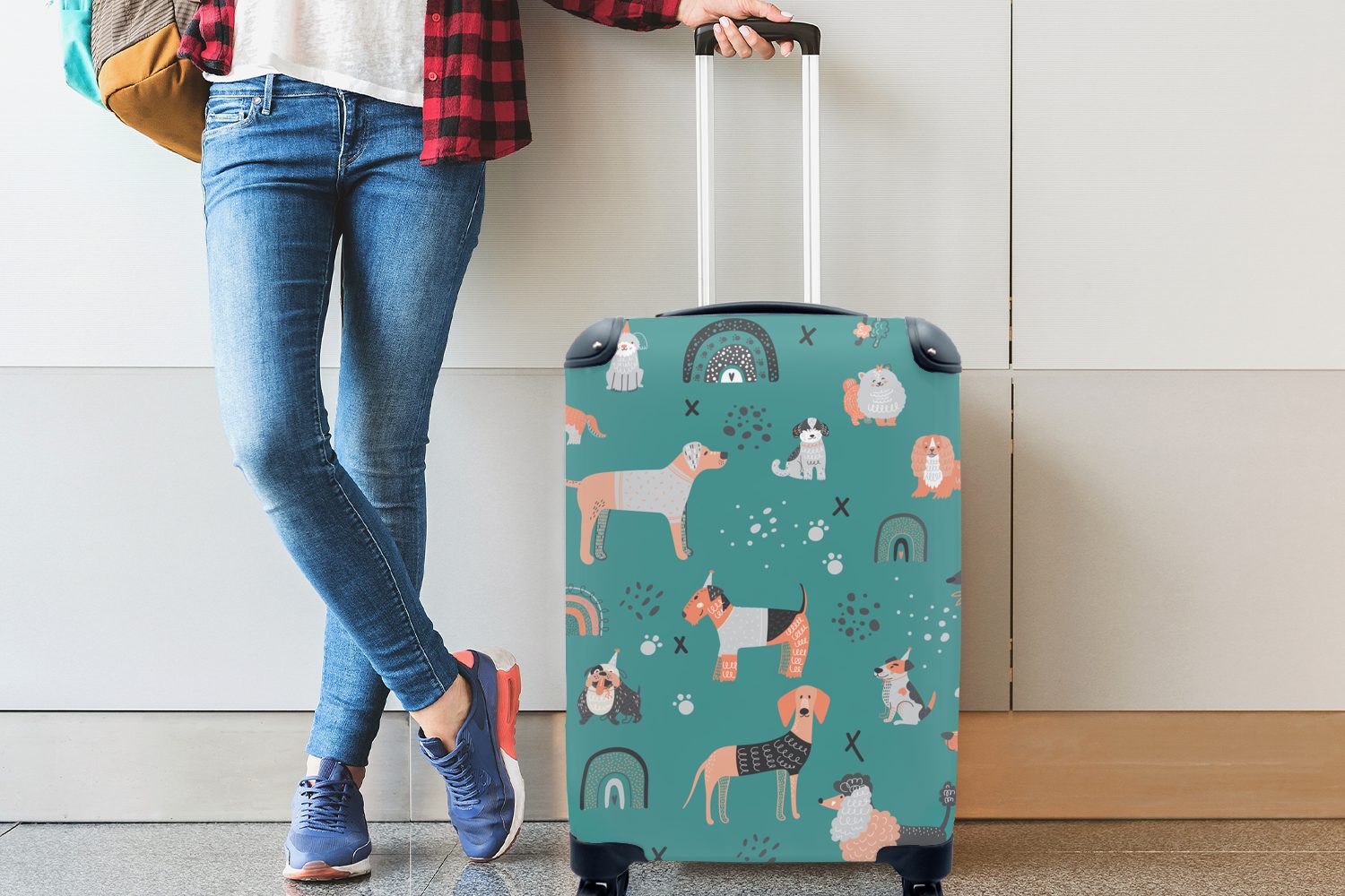 MuchoWow Handgepäckkoffer Hund Illustration verschiedenen Rollen, mit blauen, für Reisekoffer auf einem Handgepäck Reisetasche von Trolley, Ferien, Hunden Arten 4 rollen, mit