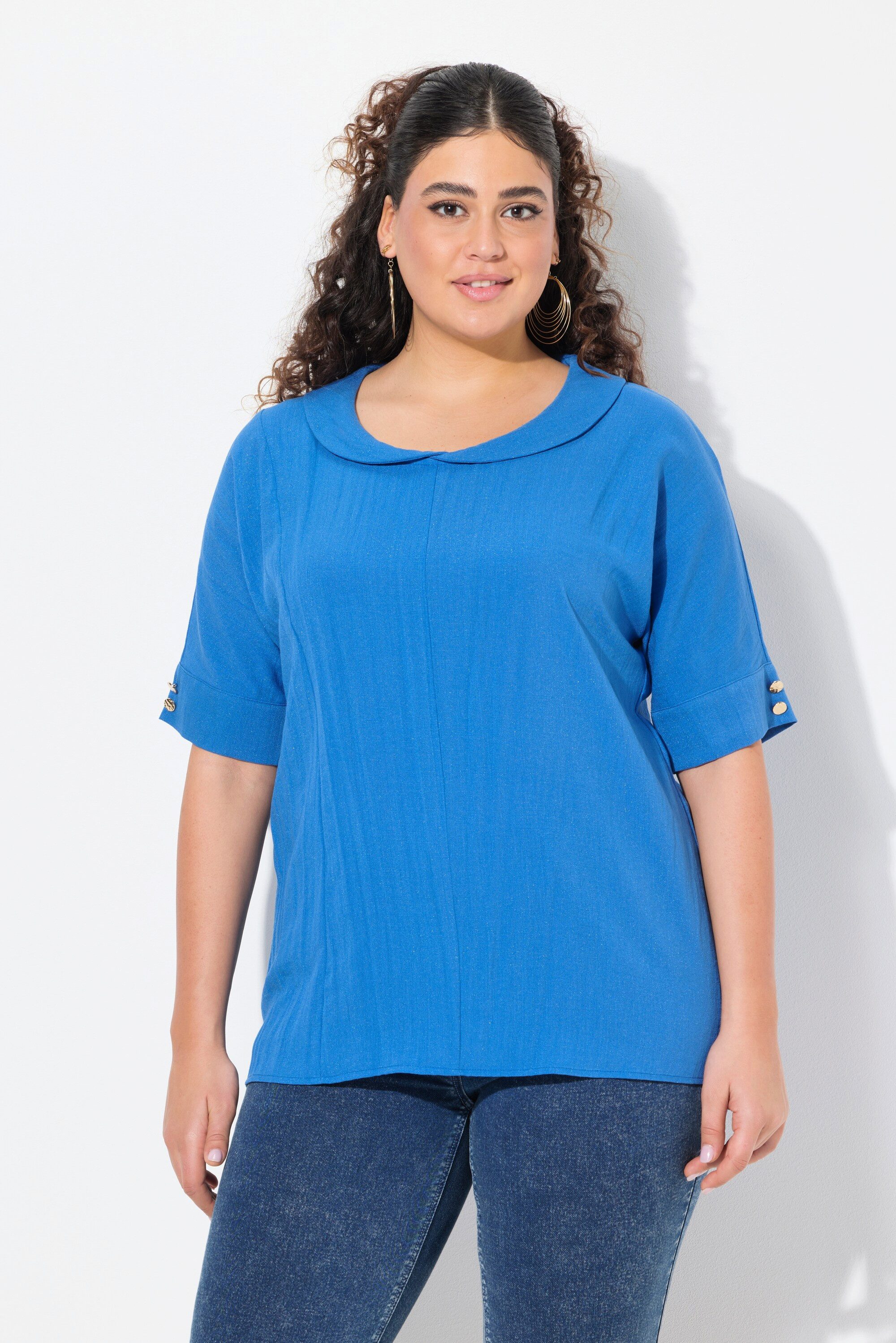 Ulla Popken Tunika Bluse Leinenoptik Oversized Tellerkragen Halbarm günstig online kaufen