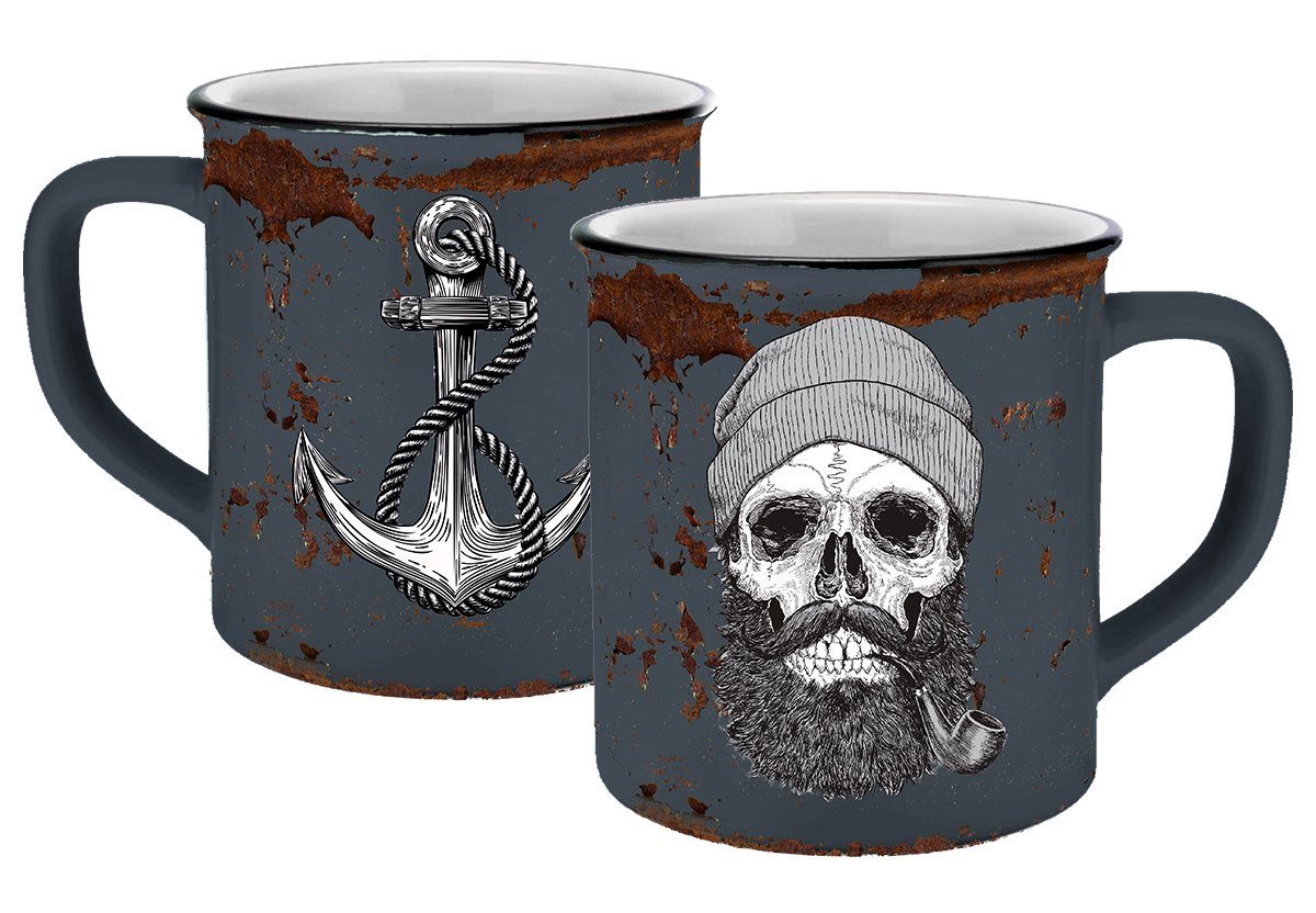 Geda Labels GmbH Tasse Sailor Skull Emaille-Optik, Keramik, Grau, 400ml, spülmaschinengeeignet