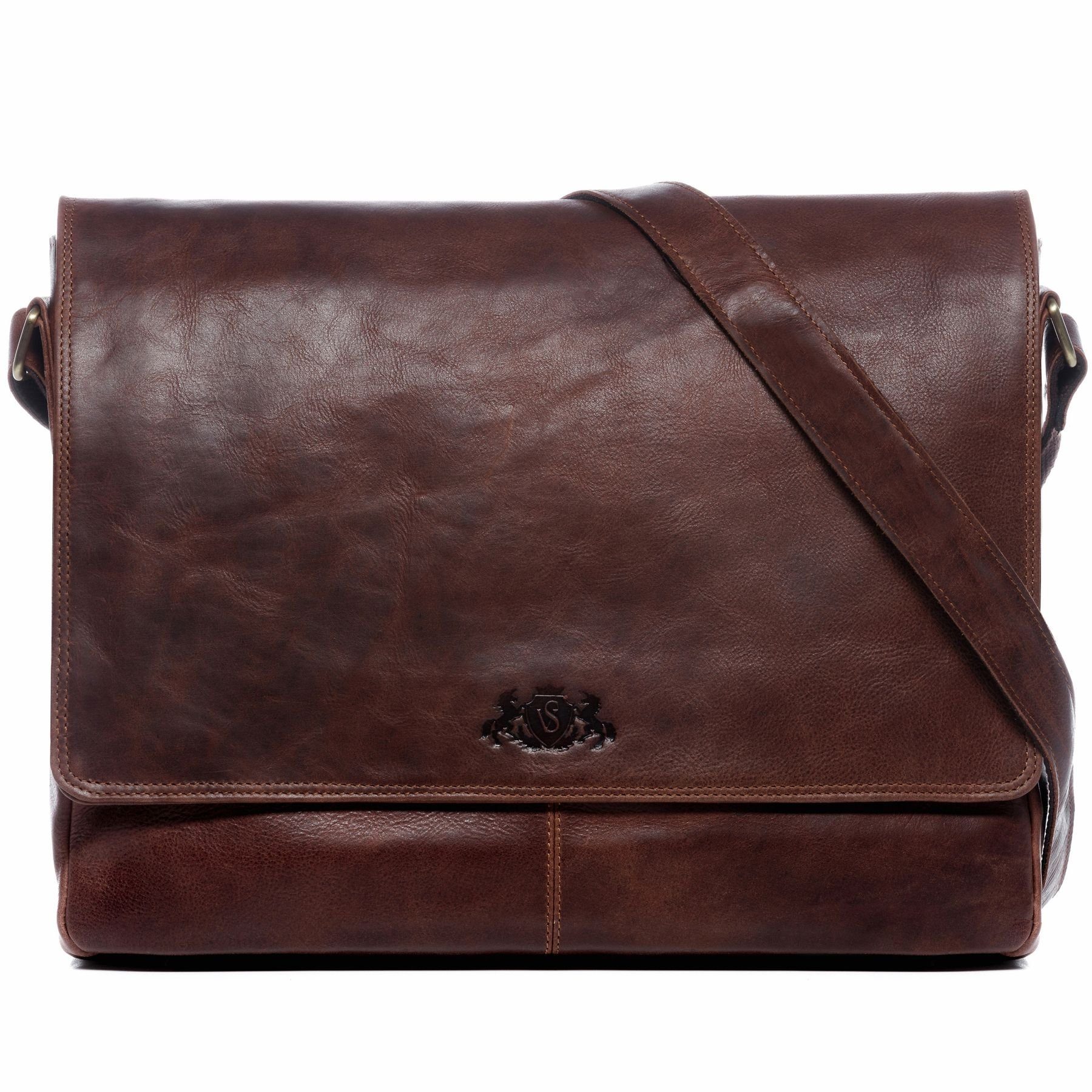 SID & VAIN Messenger Bag SPENCER XL groß Laptop-Tasche 15 Zoll echt Leder, Umhaengetasche Laptop Fach Herren Damen Schultertasche braun-retro
