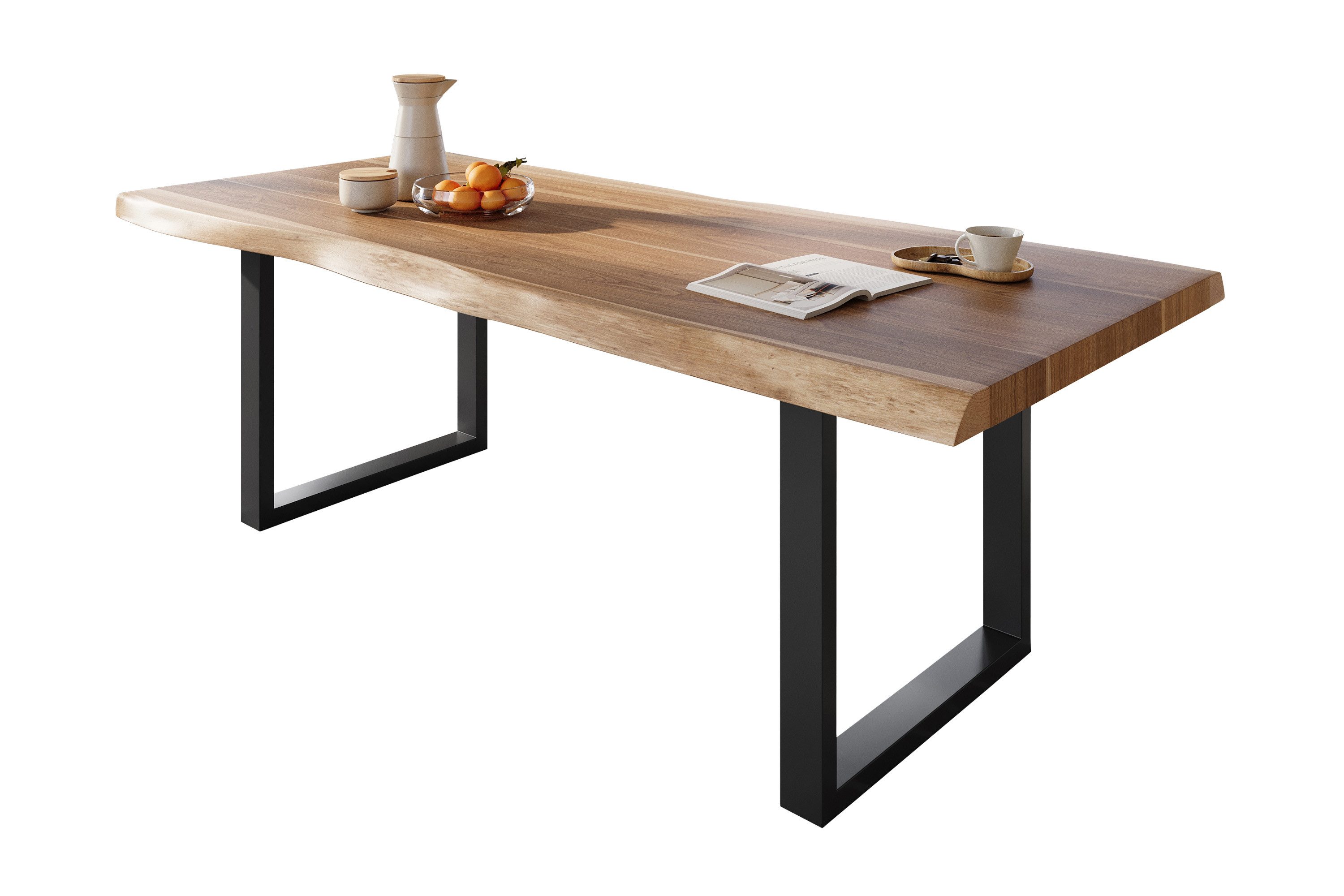 SAM® Baumkantentisch Varus, Akazie, Tischstärke 50mm, Baumkante, Metallgestell, bis 3 Meter