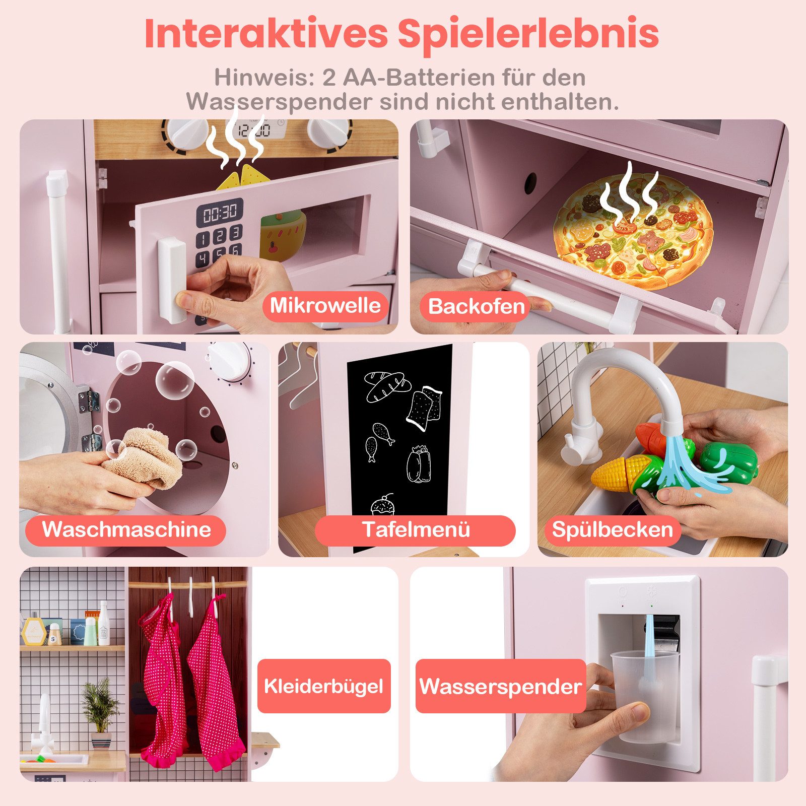 COSTWAY Spielküche MDF, Doppelseitige Kinderküche mit Dunstabzugshaube & Mikrowelle