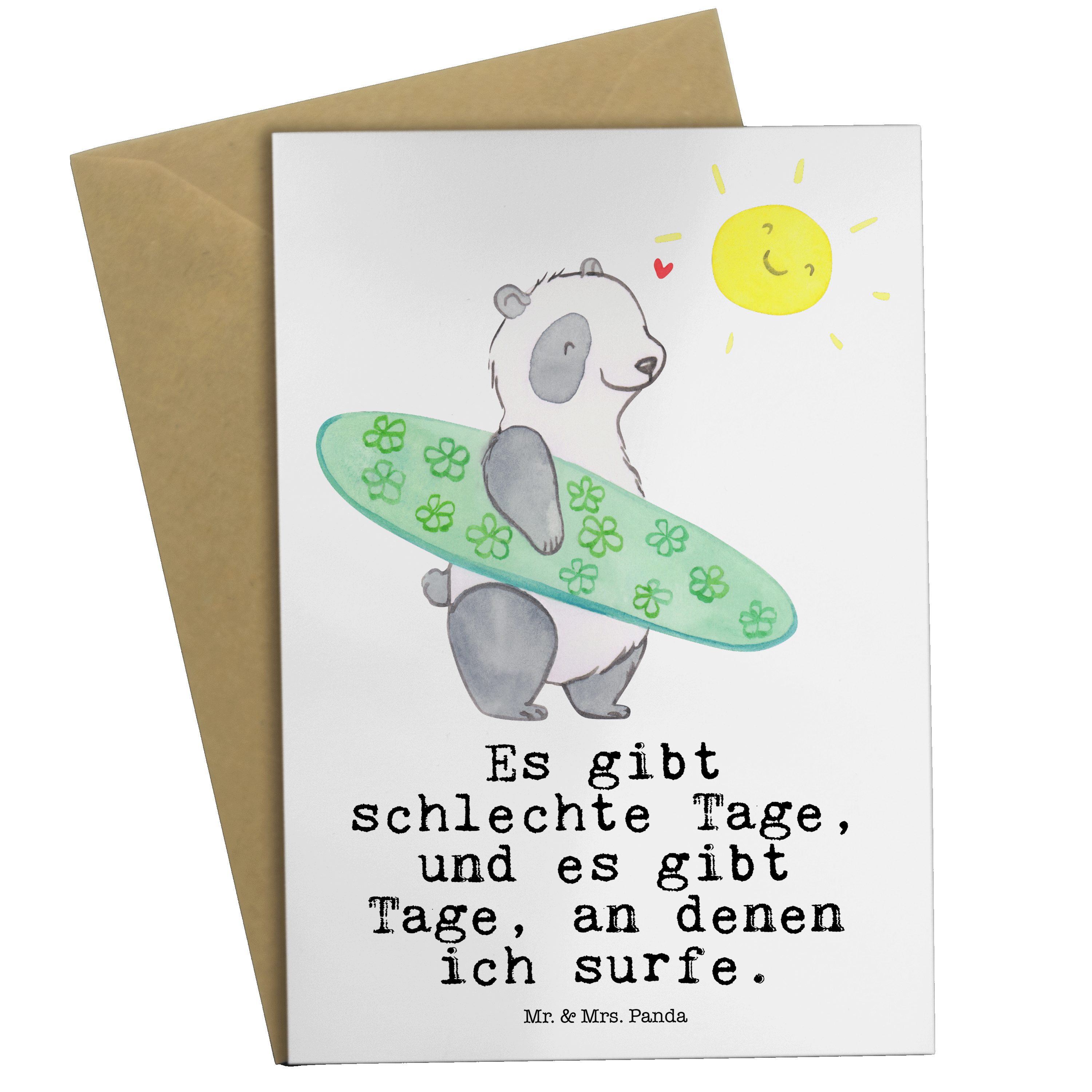 Mr. & Mrs. Panda Grußkarte Panda Surfen Tage - Weiß - Geschenk, Einladungskarte, Geburtstagskart