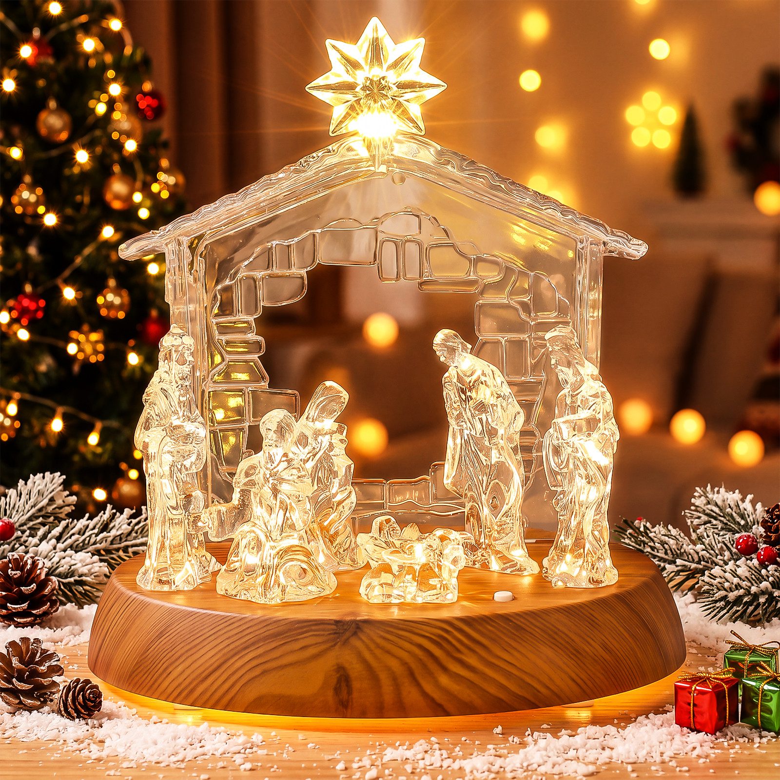 Quntis Beleuchtetes Fensterbild Weihnachtskrippe LED mit Musik – Acryl-Figur, 8 LEDs 3 modi Dekofigur, kabellose Tischdekoration mit Holzfuß, Weihnachtsgeschenk für Zuhause