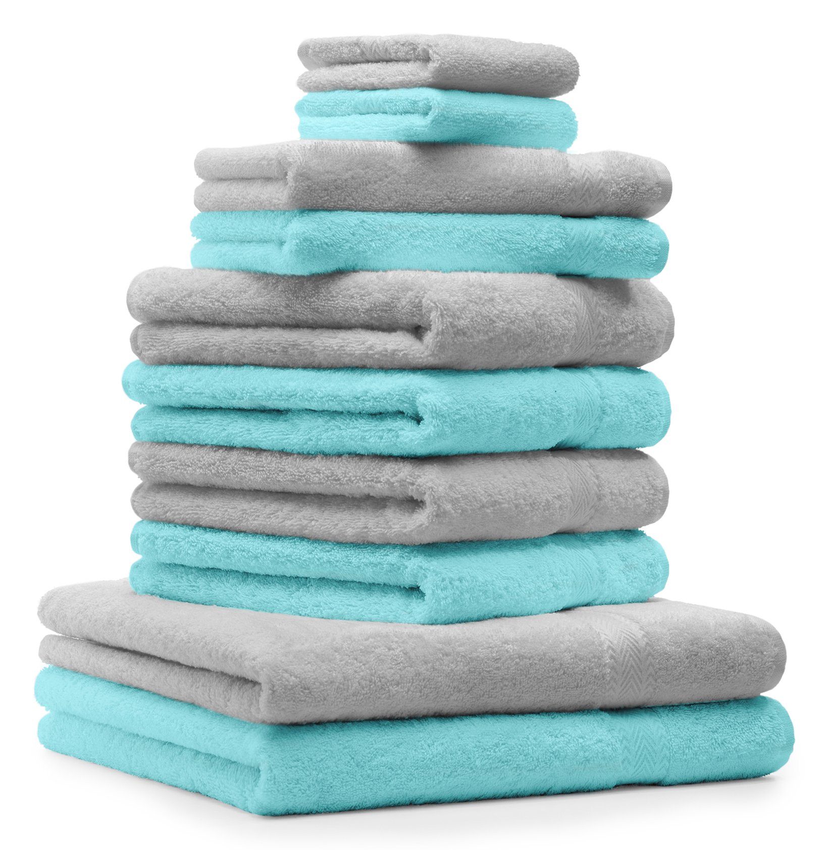 Betz Handtuch Set 10-TLG. Handtuch-Set Premium 100% Baumwolle 2 Duschtücher 4 Handtücher 2 Gästetücher 2 Waschhandschuhe Farbe Silber Grau & Türkis, 100% Baumwolle