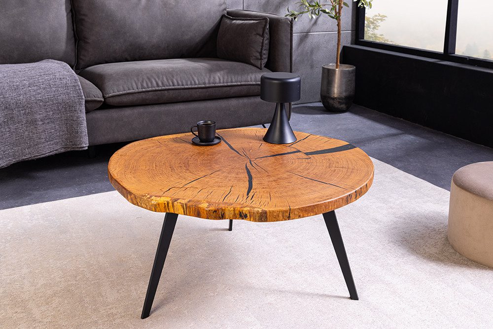 riess-ambiente Couchtisch ARBOR 75cm natur/schwarz - Eichenholz, Massiv, Metall, Scheibe, rund (Einzelartikel, 1-St), Natürlicher Beistelltisch - ideal f. Wohn- & Schlafzimmer oder TV-Ecke