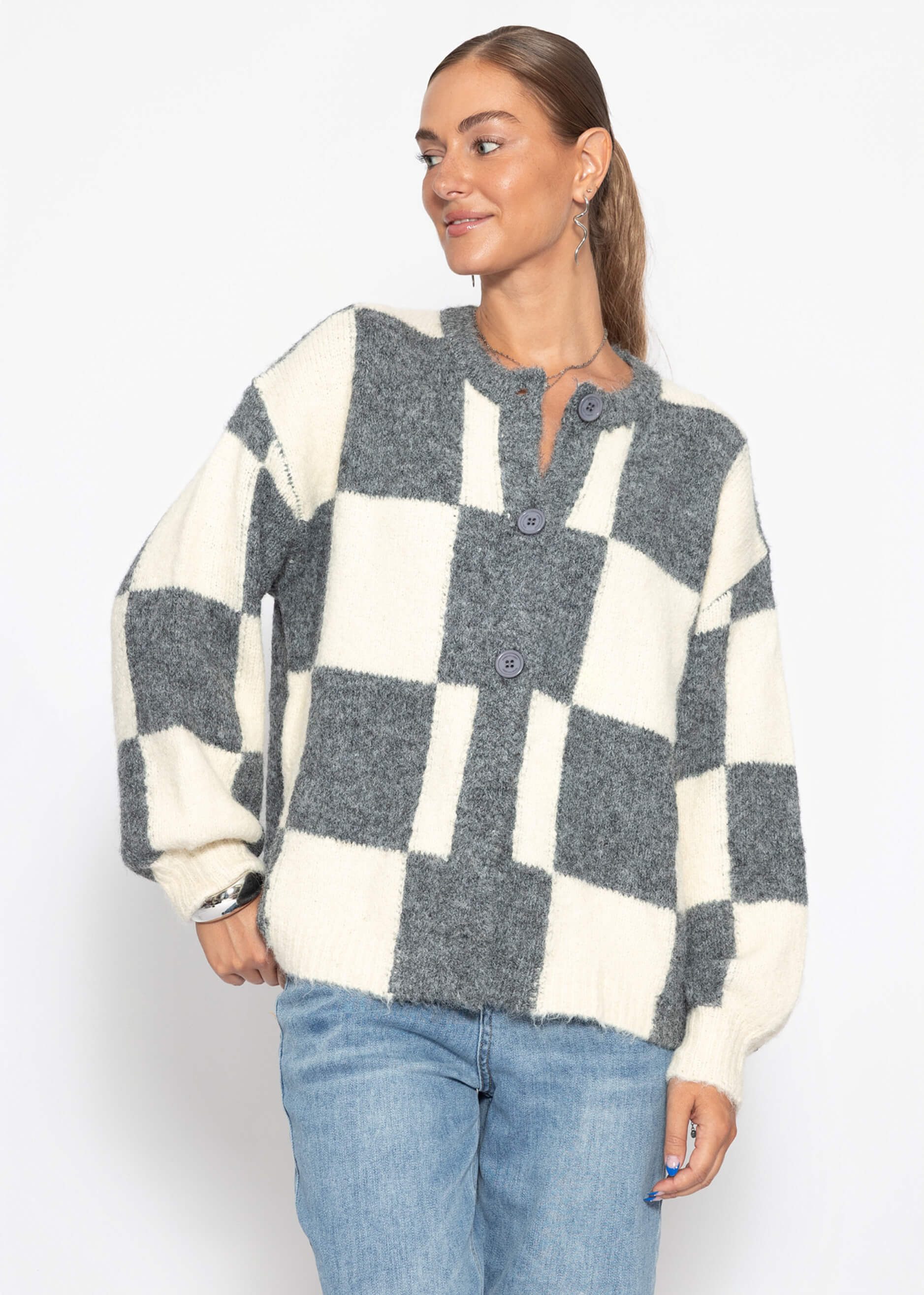 SASSYCLASSY Cardigan Cardigan mit Knopfleiste für Damen Moderne Strickjacke geometrische Formen in Grau