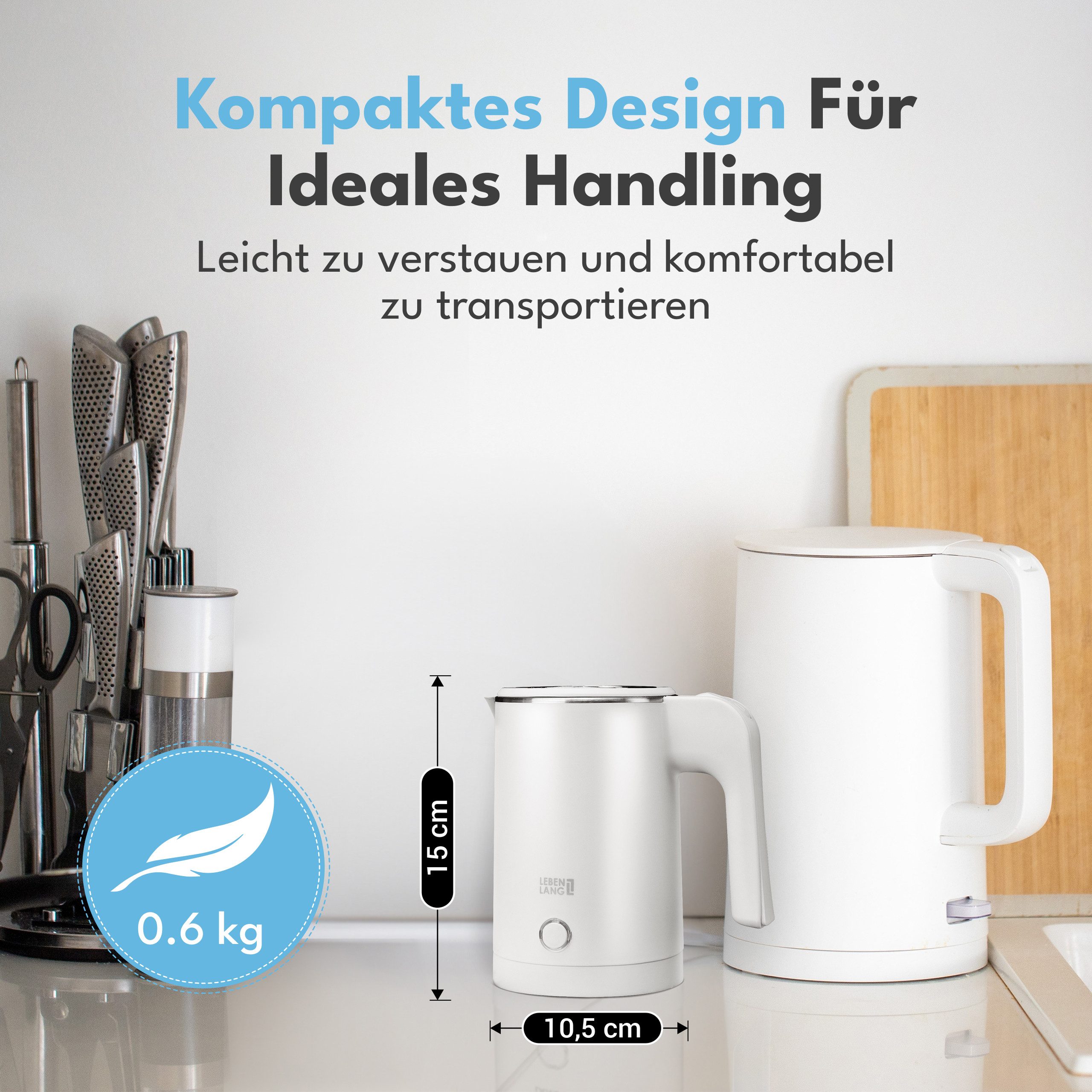 Lebenlang Reise-Wasserkocher Klein & Handlich, Ideal für die Reise, In Schwarz & Weiß, 600,00 W, Energieeffizienz I BPA-frei I Tragbares Design I Edelstahlgehäuse