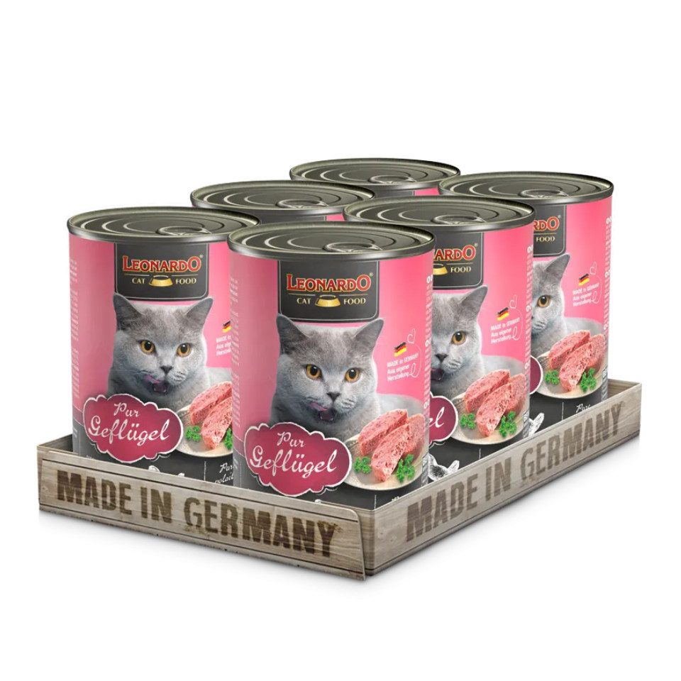 Leonardo Catfood Geflügel Pur - hochwertiges Nassfutter ohne Getreide & Zucker 6x400g, Nassfutter für: Katzen