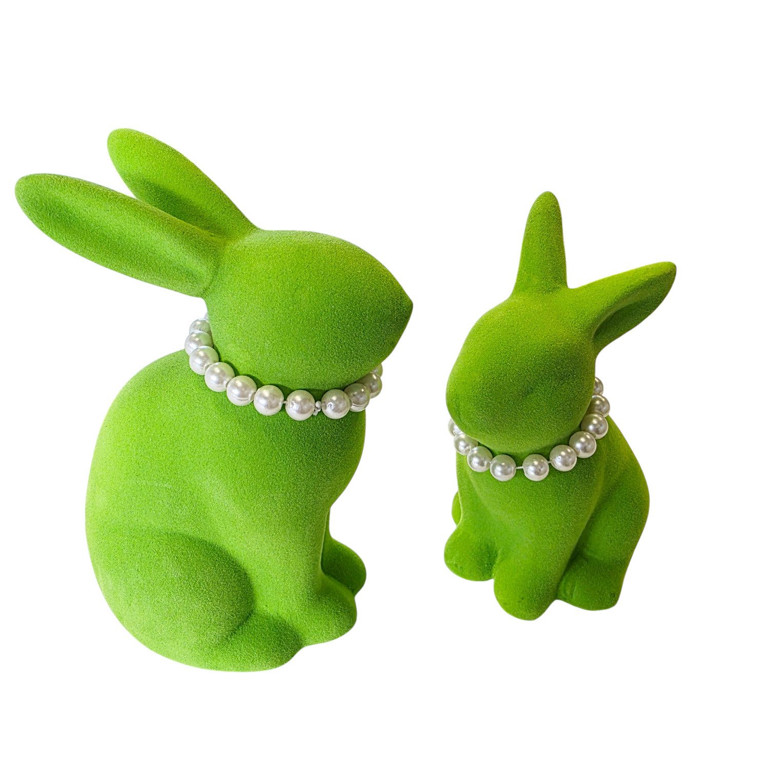 Macosa Home Osterhase mit Perlenkette 2er Set beflockt Lila, Pink oder Grün Steingut (Hasenfigur, Figur Dekohase Dekofigur Ostern Dekoration Tischdeko), Dekohase Hase Skulptur Oster-Deko Osterdekoration