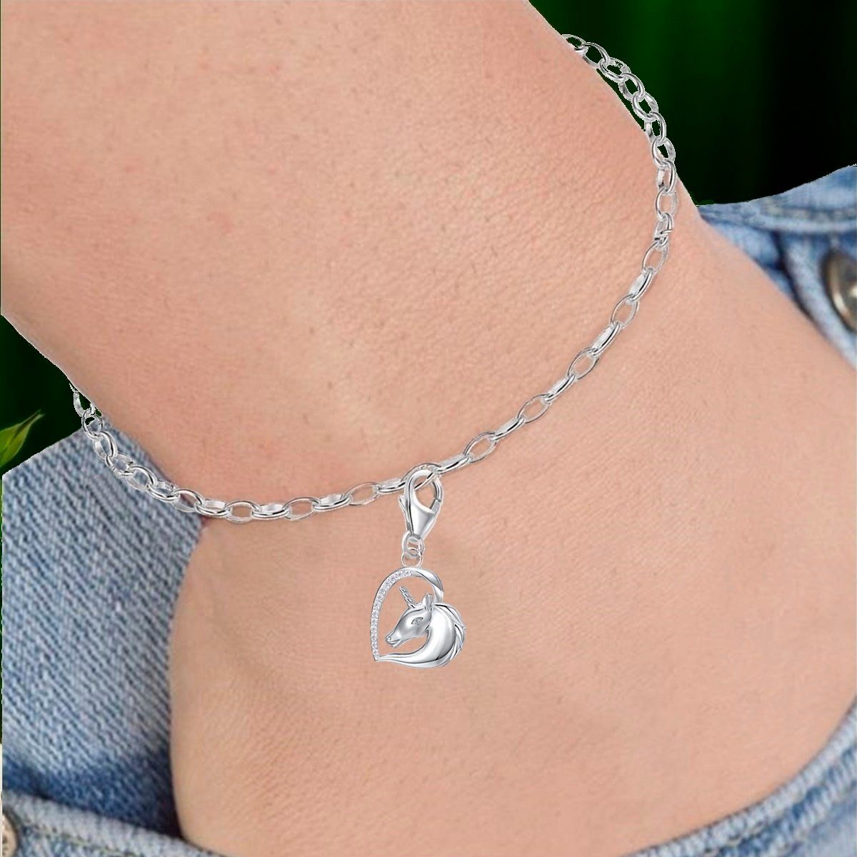 Goldene Hufeisen Charm Herz Pferd Herz Einhorn Karabiner Charm Anhänger 925 Silber mit Zirkonia, Rhodiniert