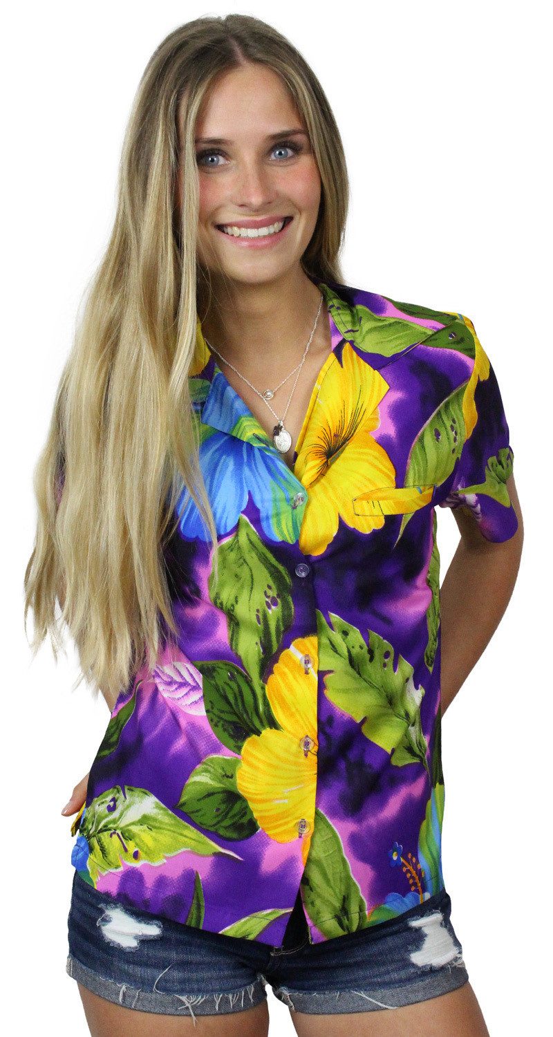 King Kameha Hawaiihemd Big Flower Funky Hawaiibluse Damen Kurzarm Front-Tasche Stylish