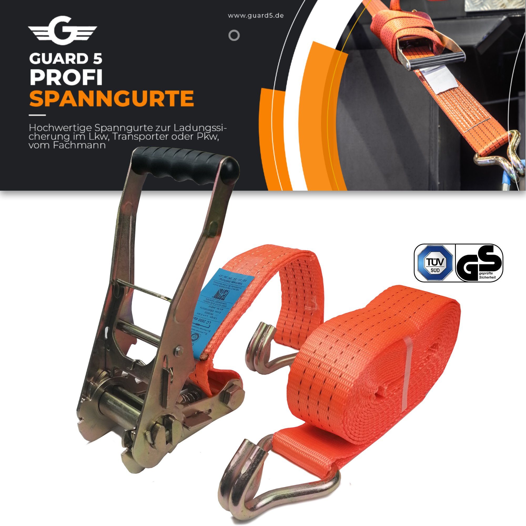 (50mm x mit Stück 2 mit Ratsche teilig 2 (Art.44-50x6m) Spanngurt und 6m) Zurrgurte Haken 5 Spannratsche Orange (2-St) GUARD