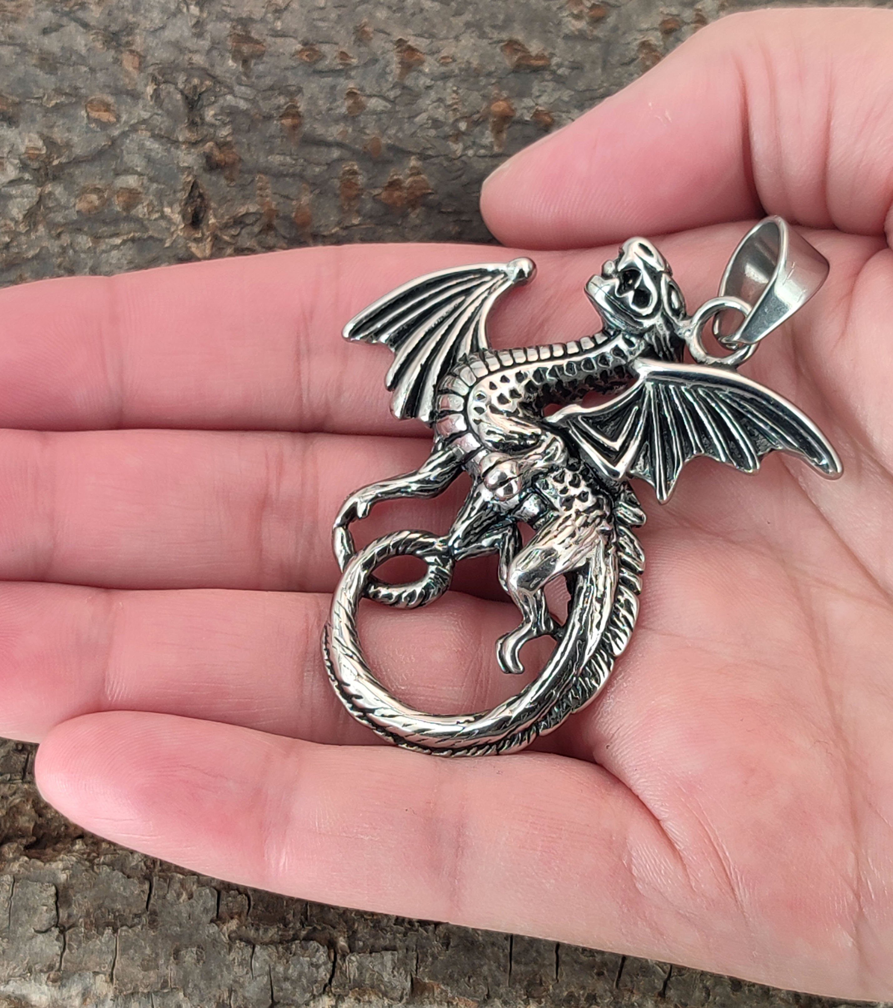 Kiss of Leather Kettenanhänger großer, dreidimensionaler Drachen Edelstahl Drache