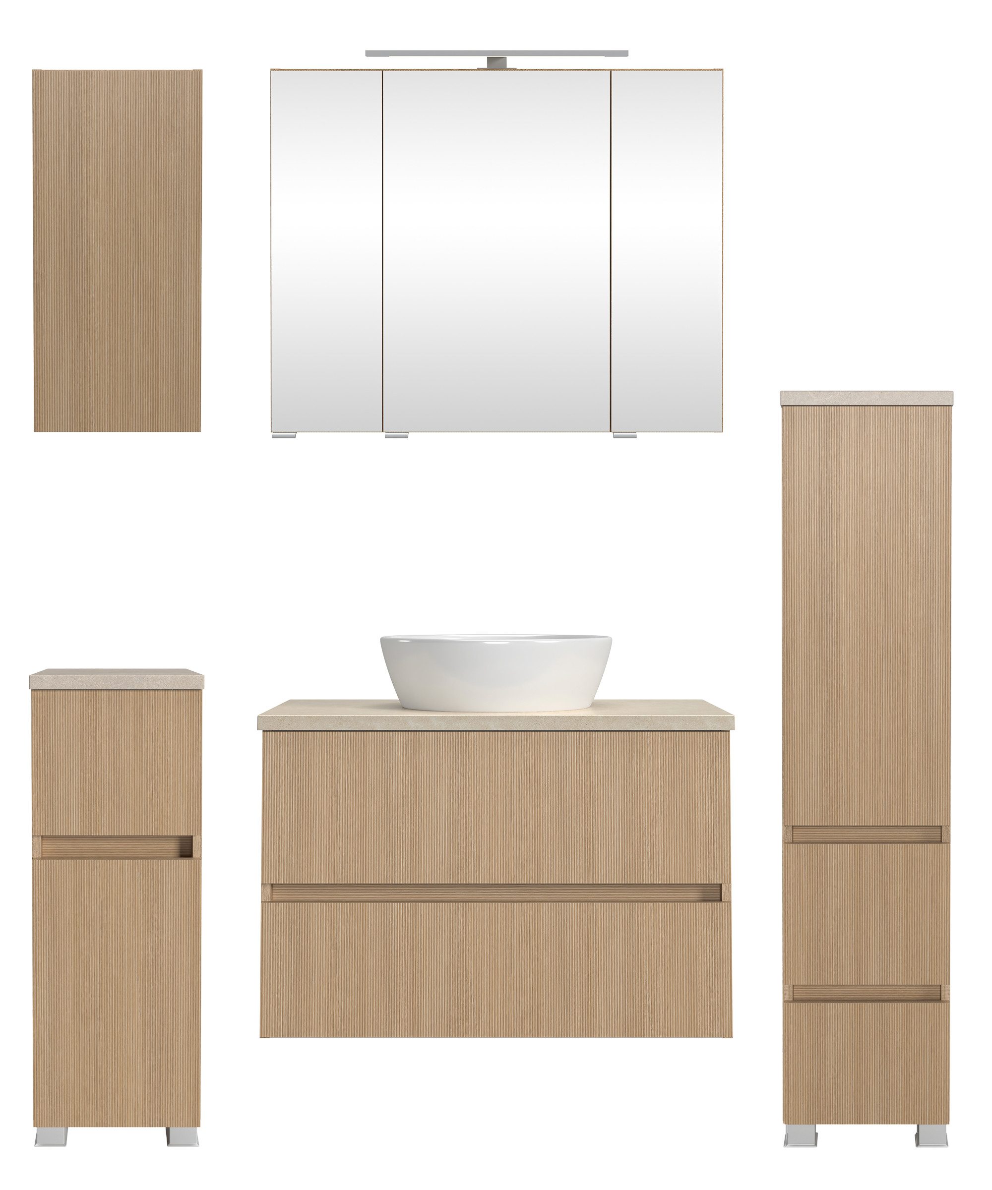 welltime Badmöbel-Set EIXO, 5tlg.-Set: Spiegelschrank, Waschtisch und Beimöbel, Set 140 cm breit, Badmöbel mit LED-Beleuchtung