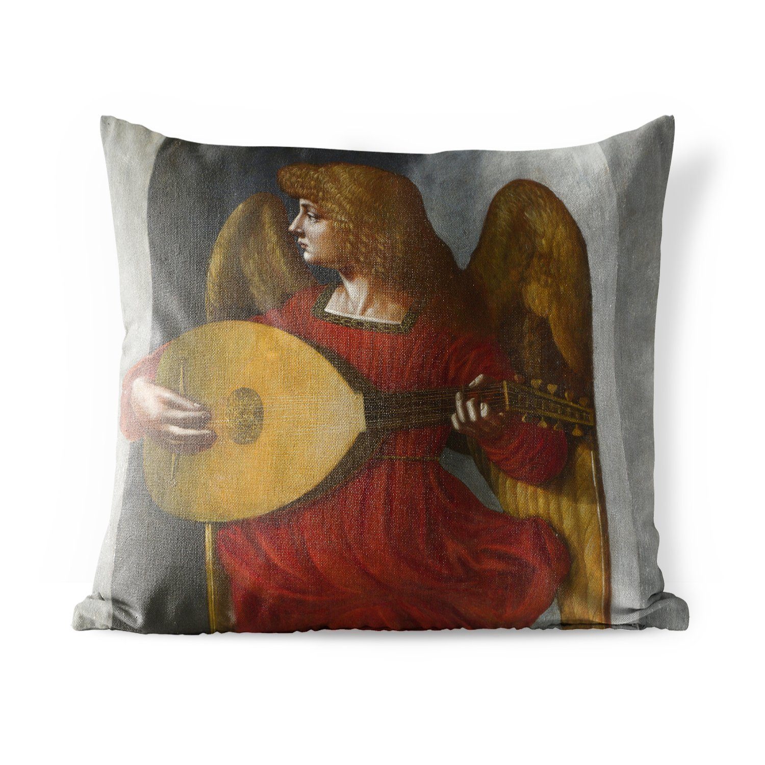 MuchoWow Dekokissen Ein Engel in Rot mit einer Laute - Leonardo da Vinci, Kissenbezüge, Kissenhülle, Dekokissen, Dekokissenbezug, Outdoor