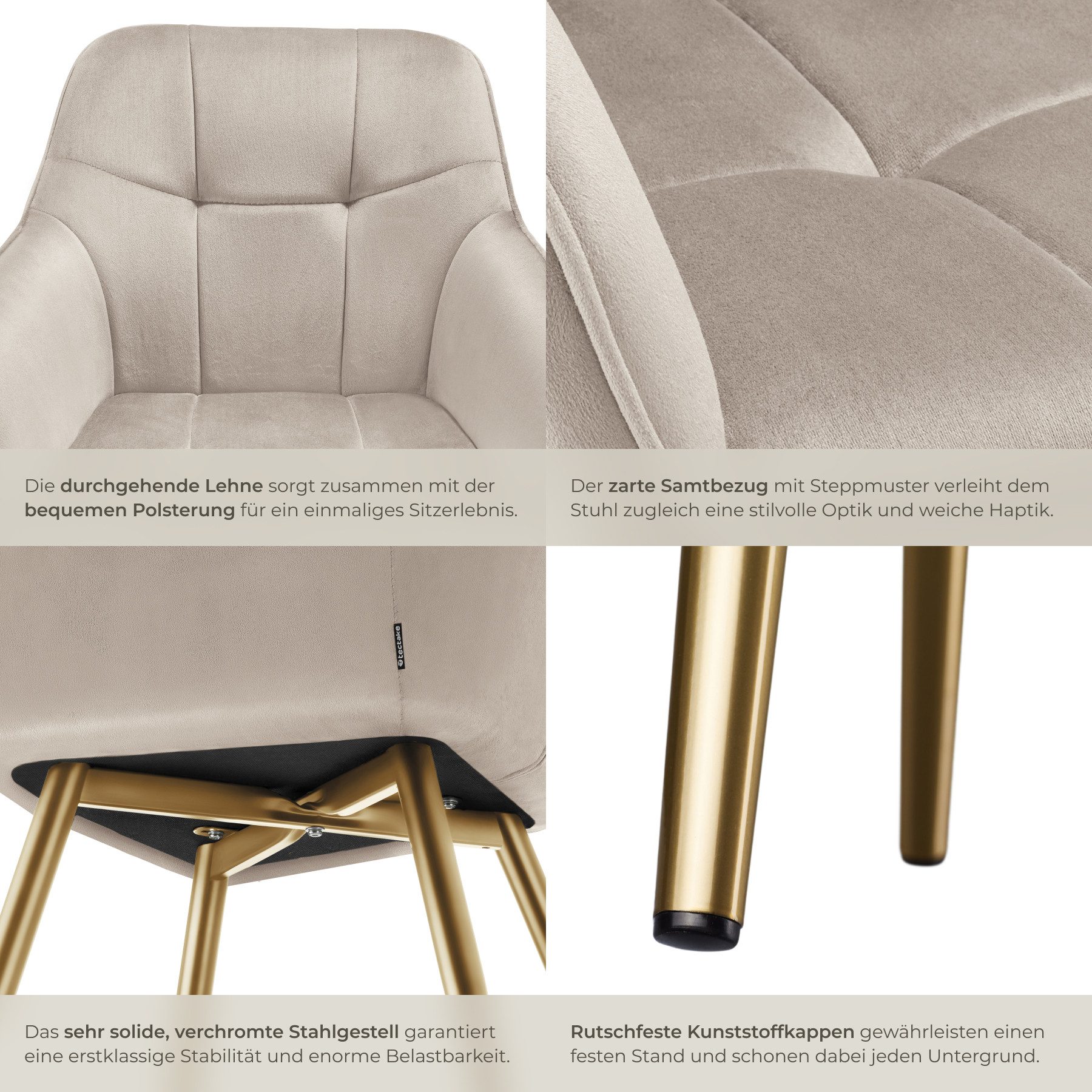 tectake Esszimmerstuhl Polstersessel gepolstert, in Samtoptik, gesteppt, 58 x 62 x 82 cm (Küchenstuhl Marilyn in taupe/gold, 6 St), schlanke, goldene Stahlbeine – Bild 5 von 5