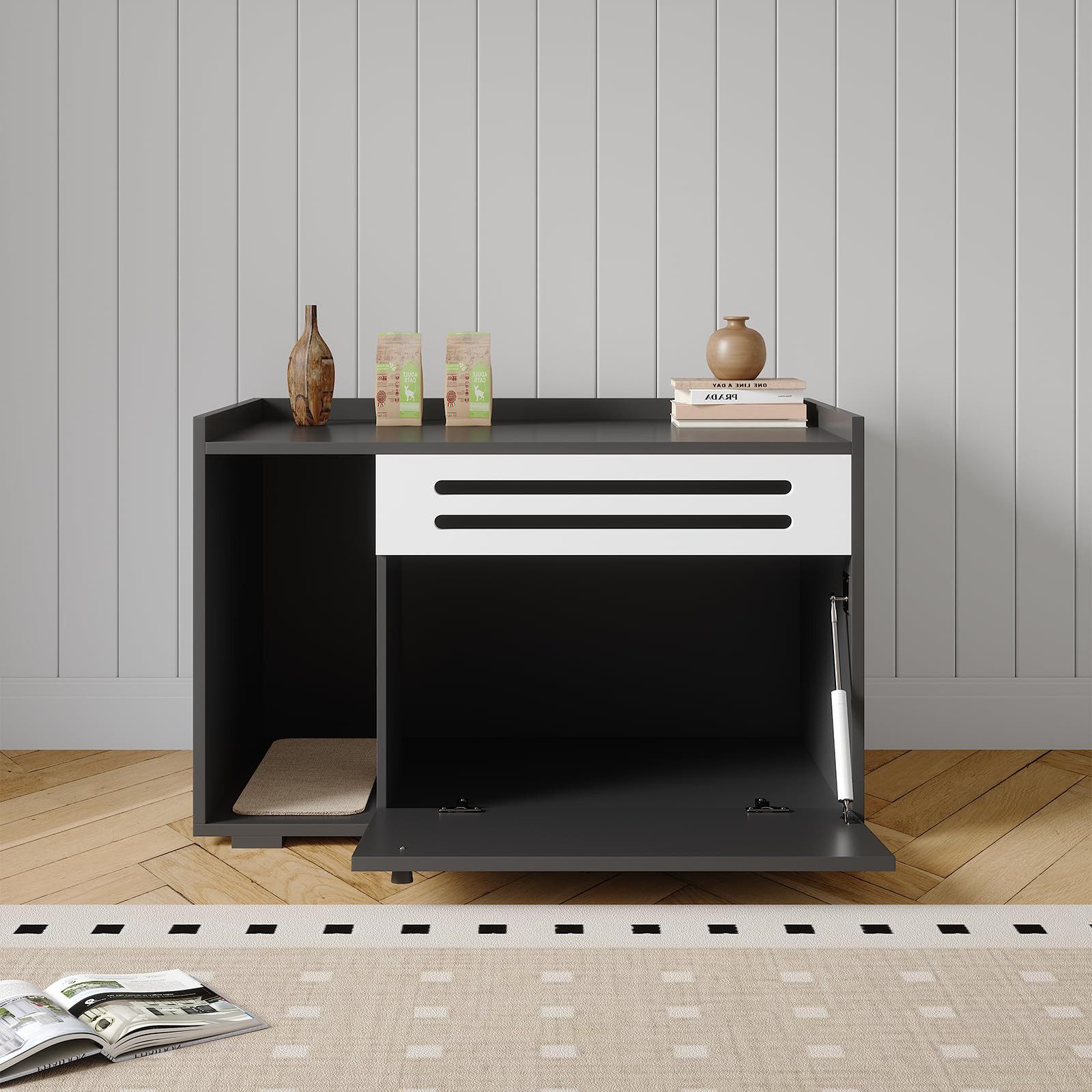GarveeMore Katzenhaus Katzentoiletten-Schrank mit Seitentür, erhöhter Rand, Belüftung, Zweifarbiges Design, 1 Tür, 2 offene Fächer