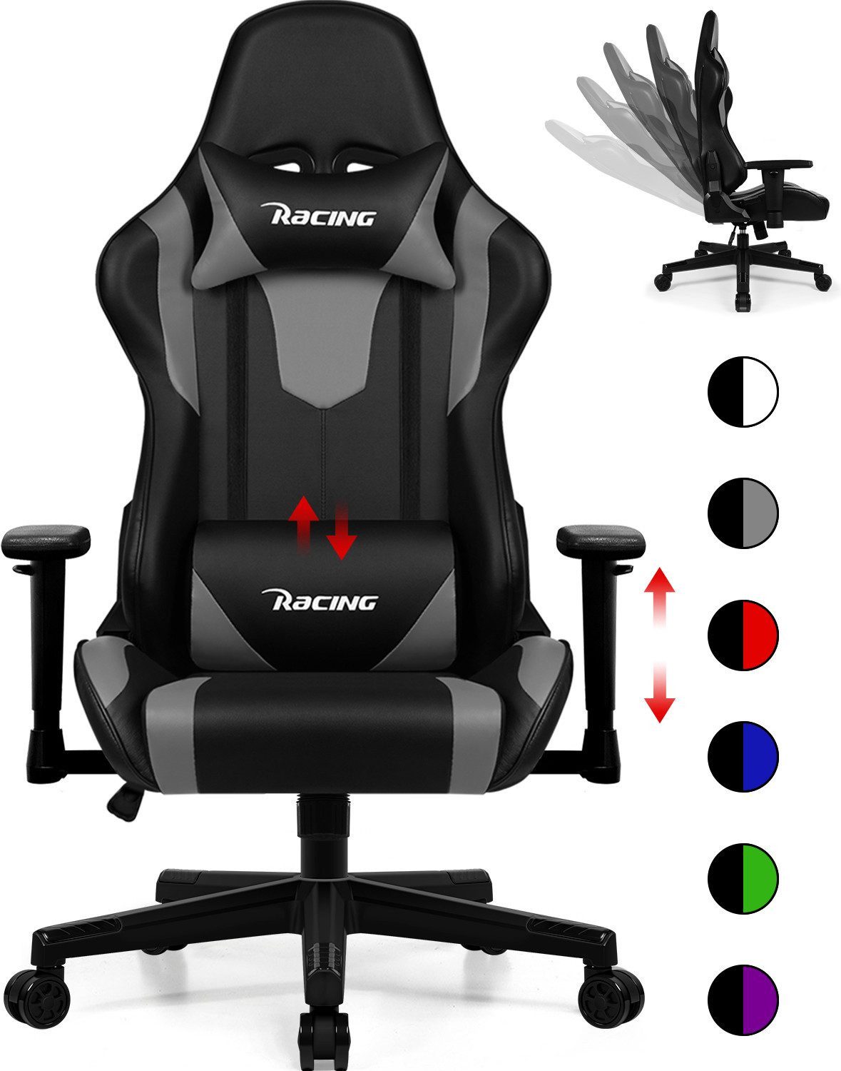 Homimaster Gaming-Stuhl Gaming Stuhl, Ergonomischer Bürostuhl,Gaming Chair mit Wippfunktion (Mit verstellbarem Lendenkissen, Kopfstütze und Armlehnen, gepolsterter Gamer Stuhl), Schreibstuhl Höhenverstellbar, 150kg Belastbar