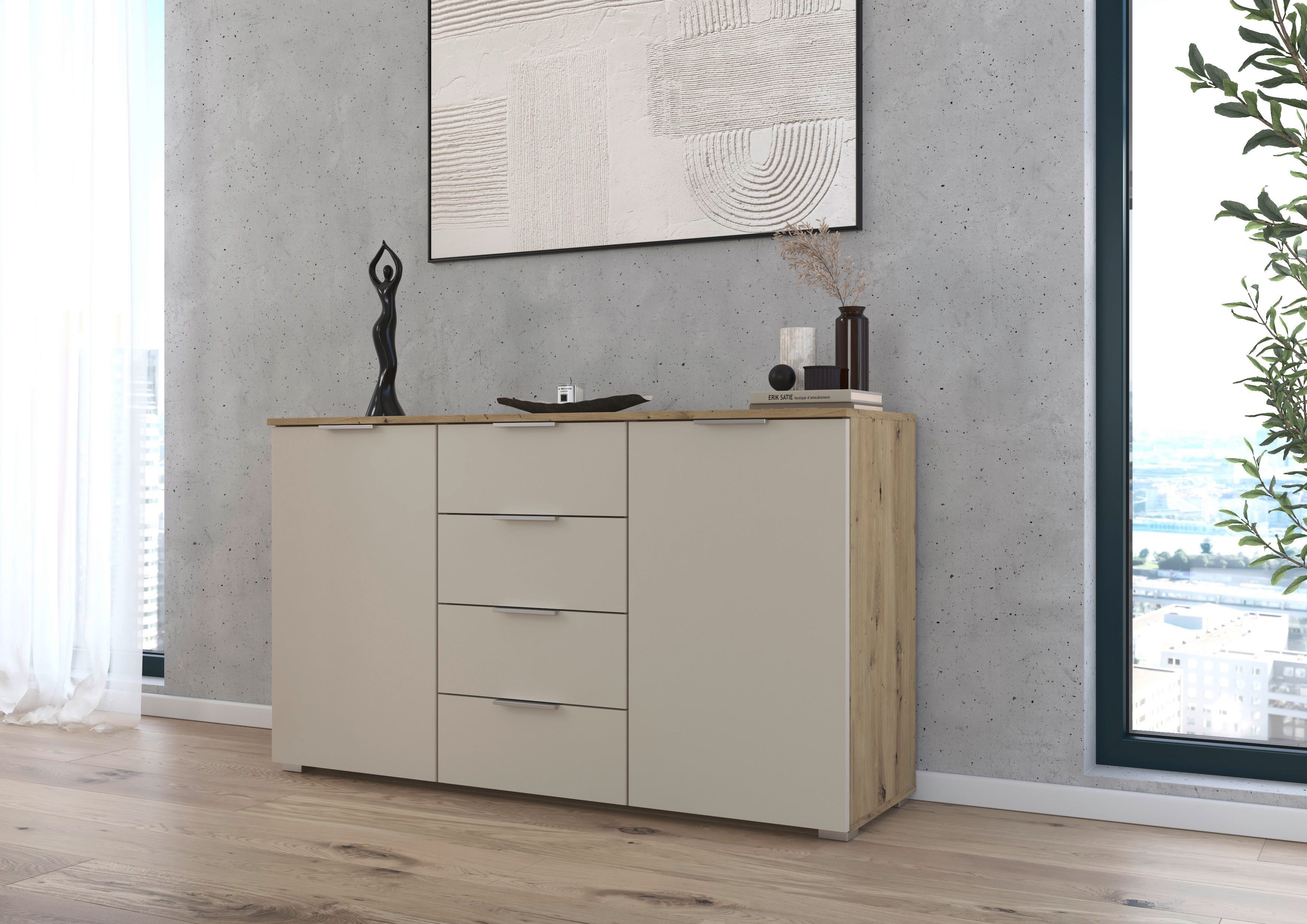 OTTO home Kombikommode Sideboard Schubladenkommode AGORDO mit Dekor- oder Hochglanzfront (in zwei Griff-Farben, Breite 120 cm), vier große Schubladen, mit insgesamt 4 Einlegeböden MADE IN GERMANY