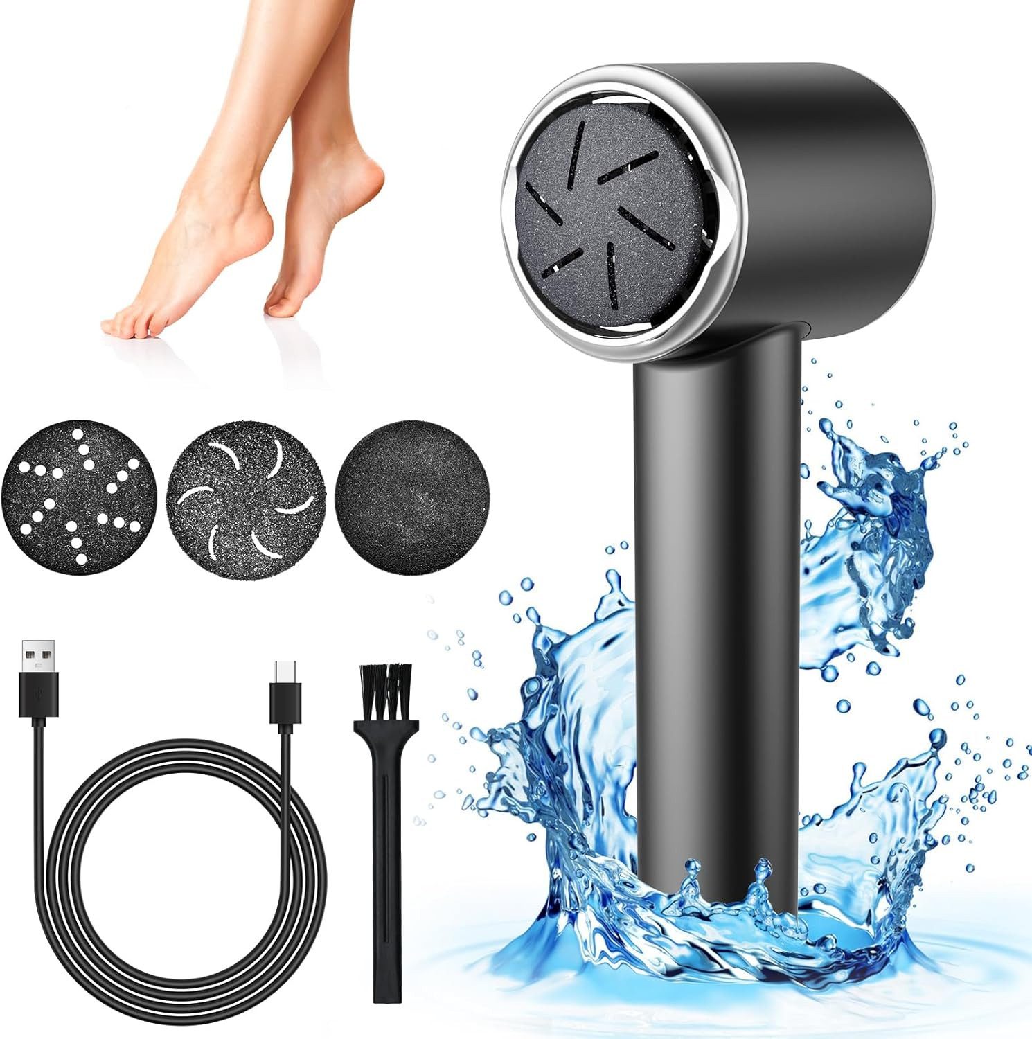 Kityhome Elektrischer Hornhautentferner Hornhautentferner Elektrisch, für Die Fußpflege, Rissige Trockene Haut, mit Vakuumadsorption, 2 Speeds, 4 Köpfe, IPX6 Wasserdicht